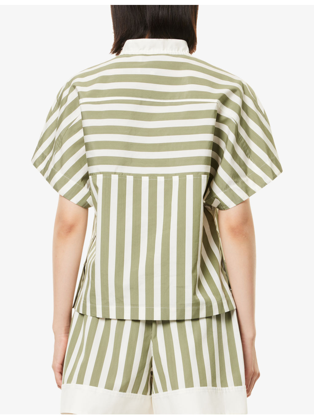 Striped Short-Sleeve Tie-Neck Cotton-Silk Top - 4