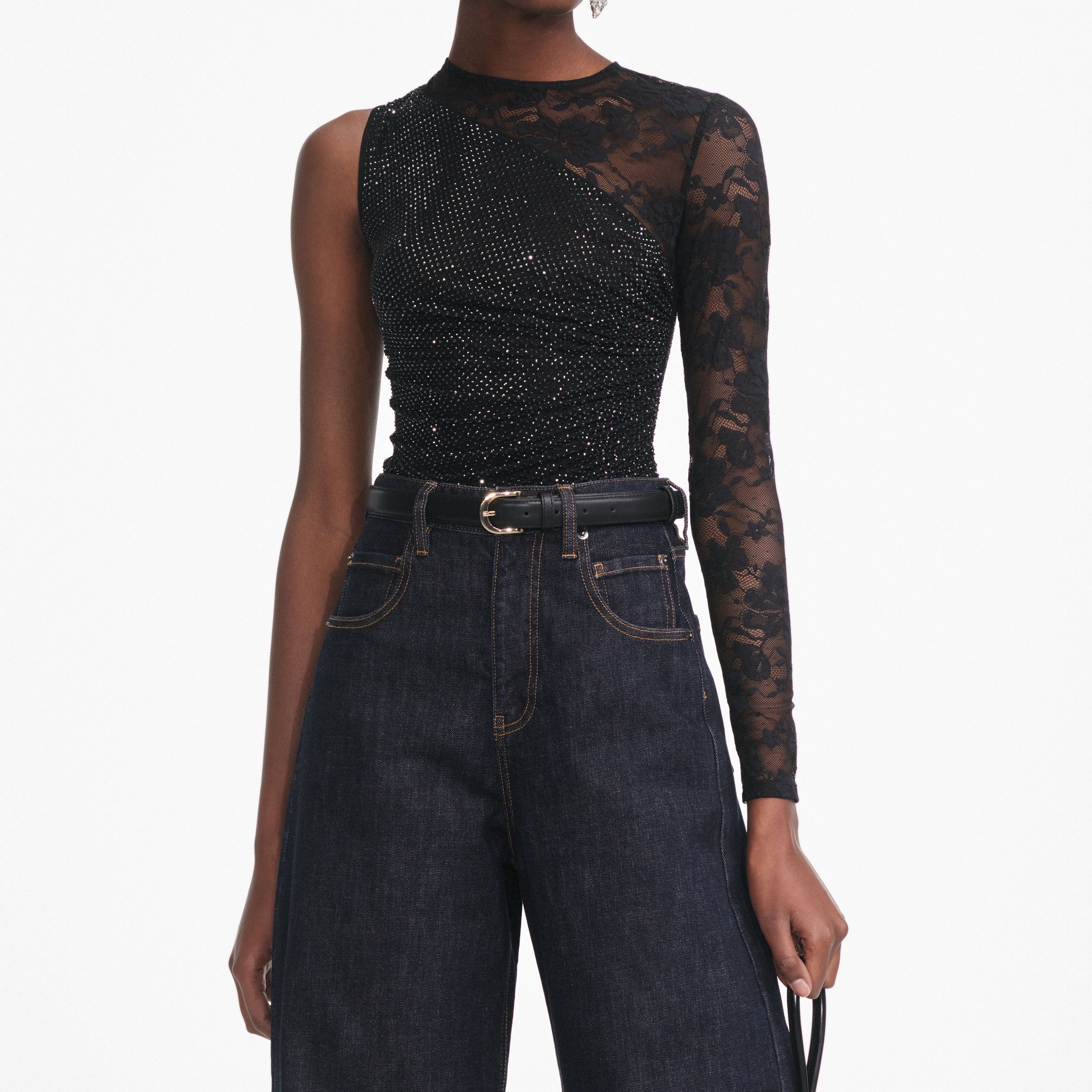 Black Rhinestone Lace Sleeve Top - 4
