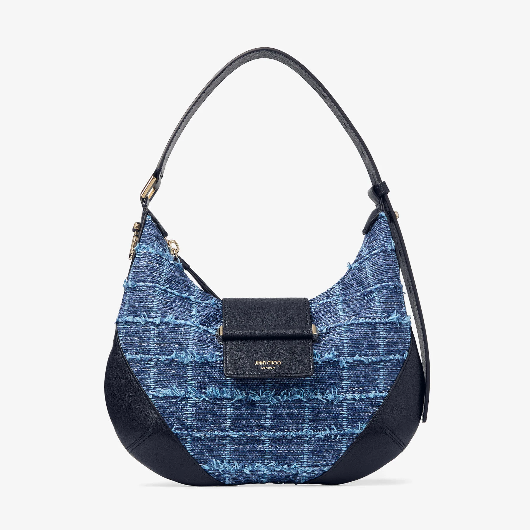 Bar Hobo Small Marine Crosshatch Denim Fabric Shoulder Bag with Biker Leather Trim - 1