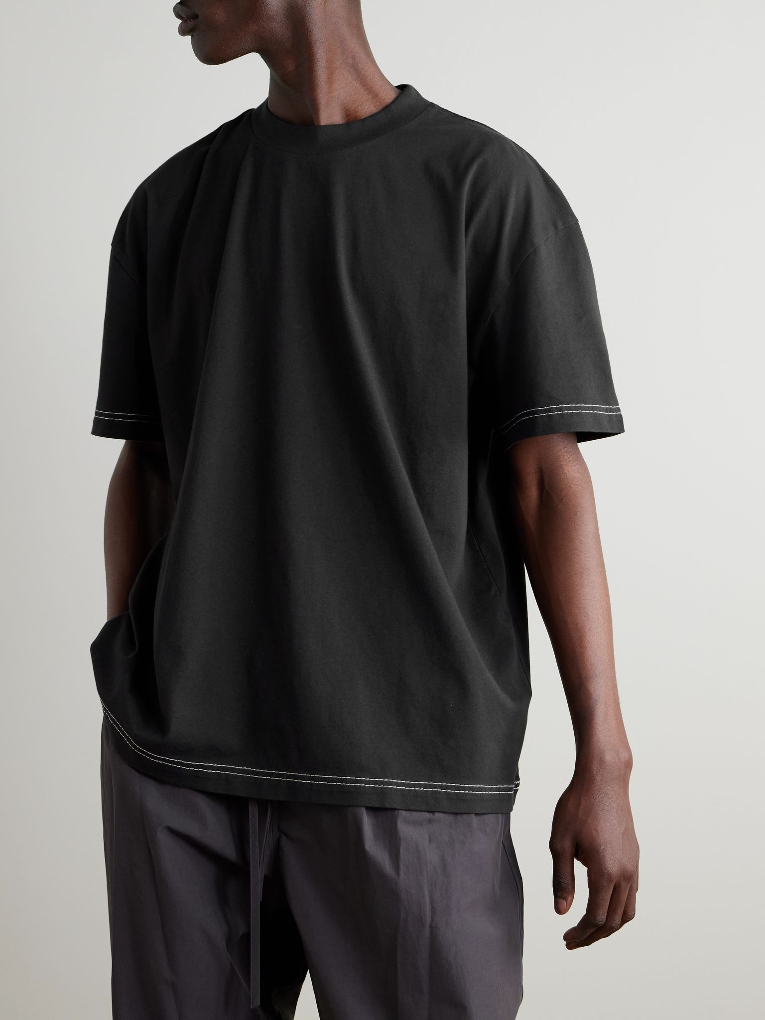 Topstitched Logo-Embroidered Cotton-Jersey T-Shirt Black - 3