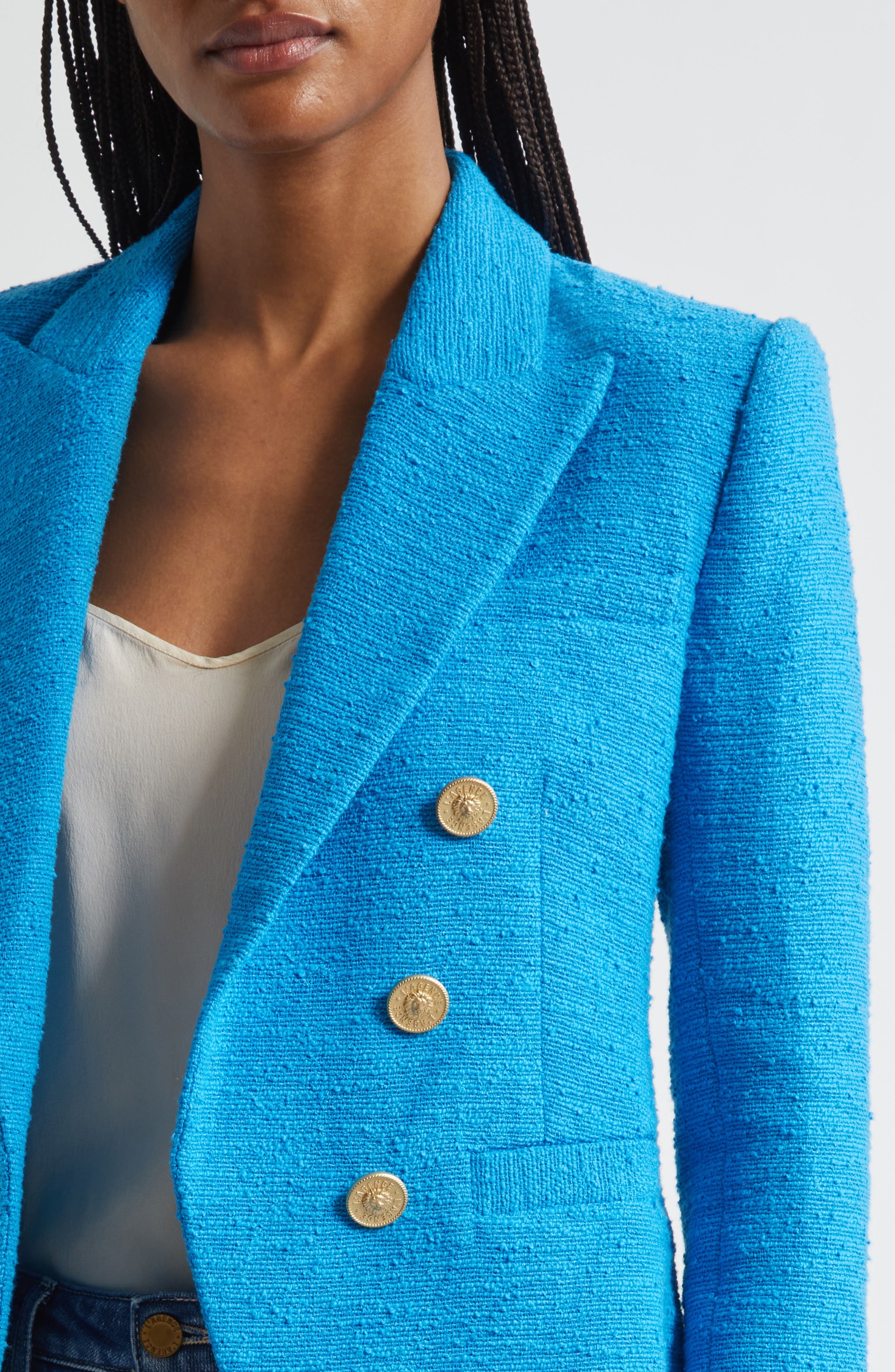 L'AGENCE Brooke Double Breasted Crop Cotton Blend Blazer in Dresden Blue/Gold Chain at Nordstrom - 5