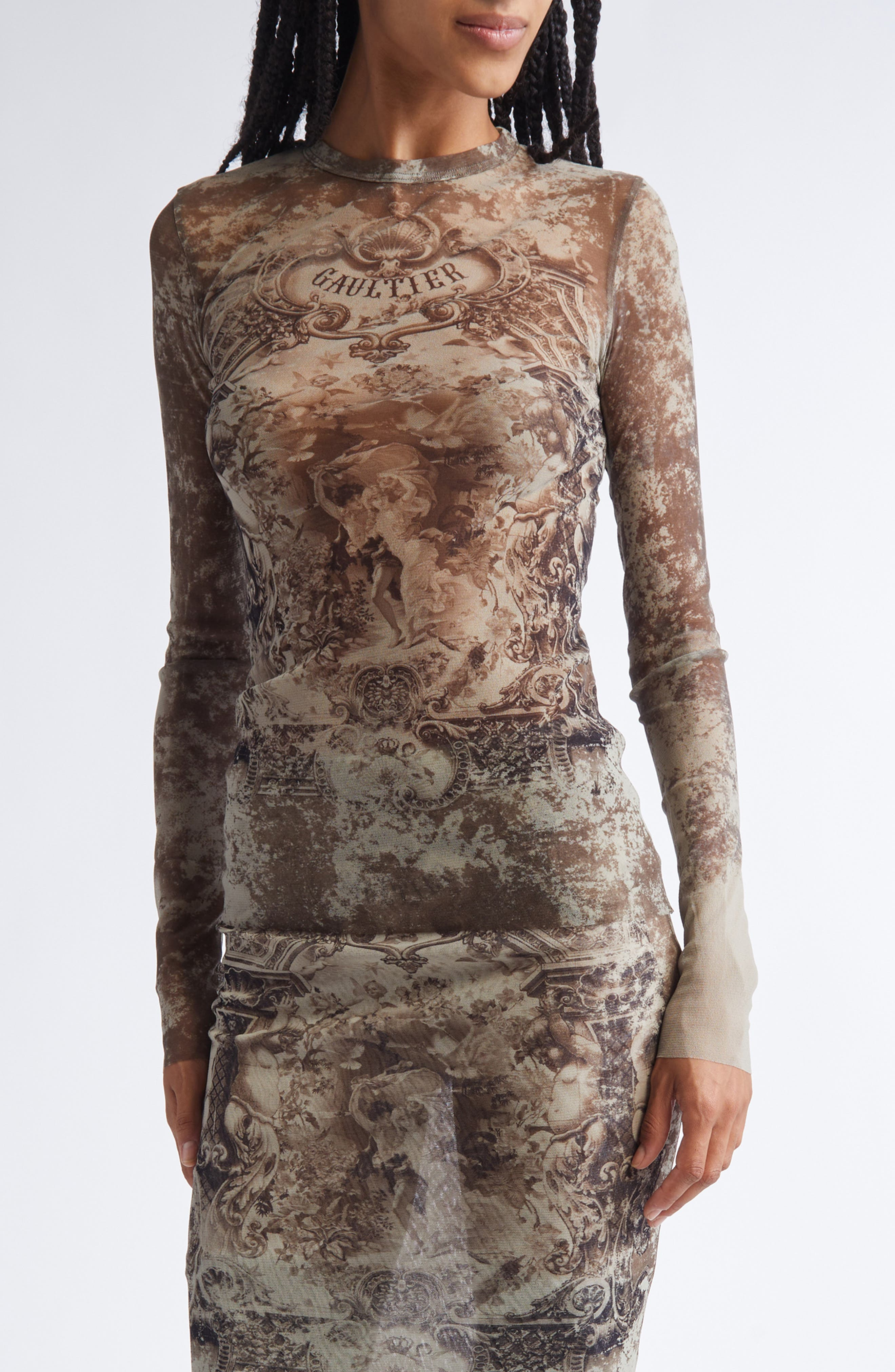 Jean Paul Gaultier Medallion Print Long Sleeve Mesh Top in Light Beige/Taupe at Nordstrom - 1