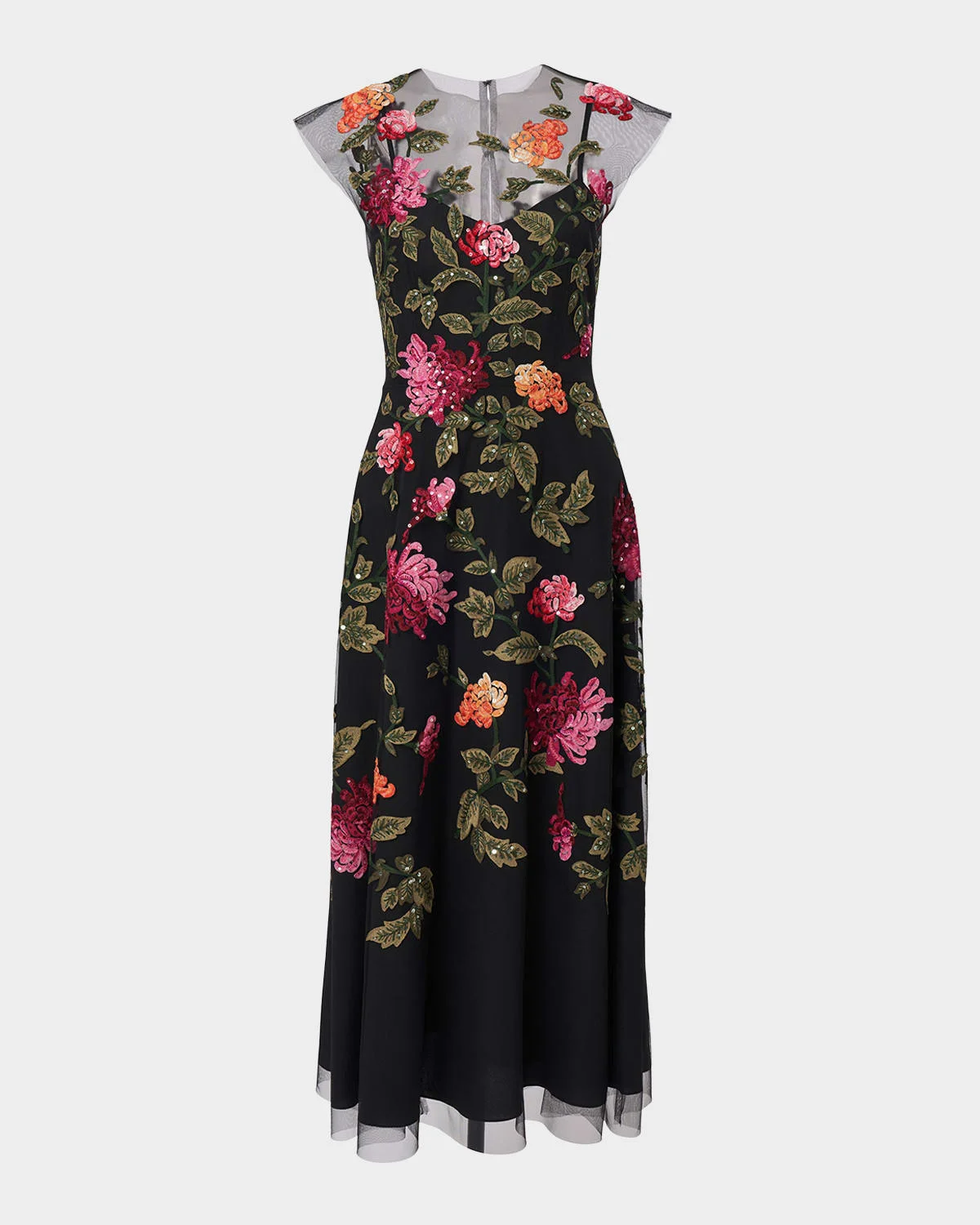 Floral-Embroidered Tulle Midi Dress - 1