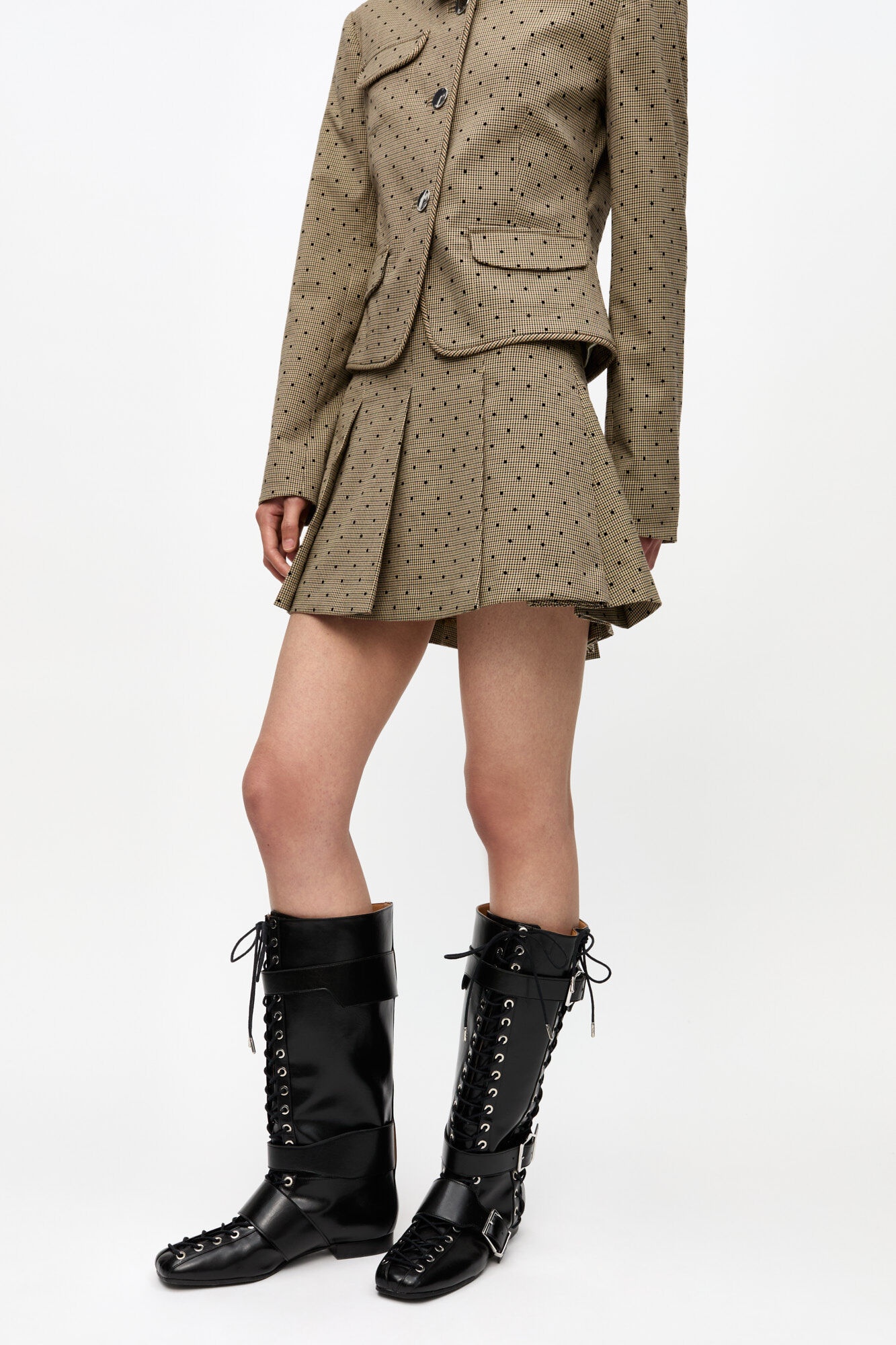 BROWN FLOCK CHECK SUITING MINI SKIRT - 3