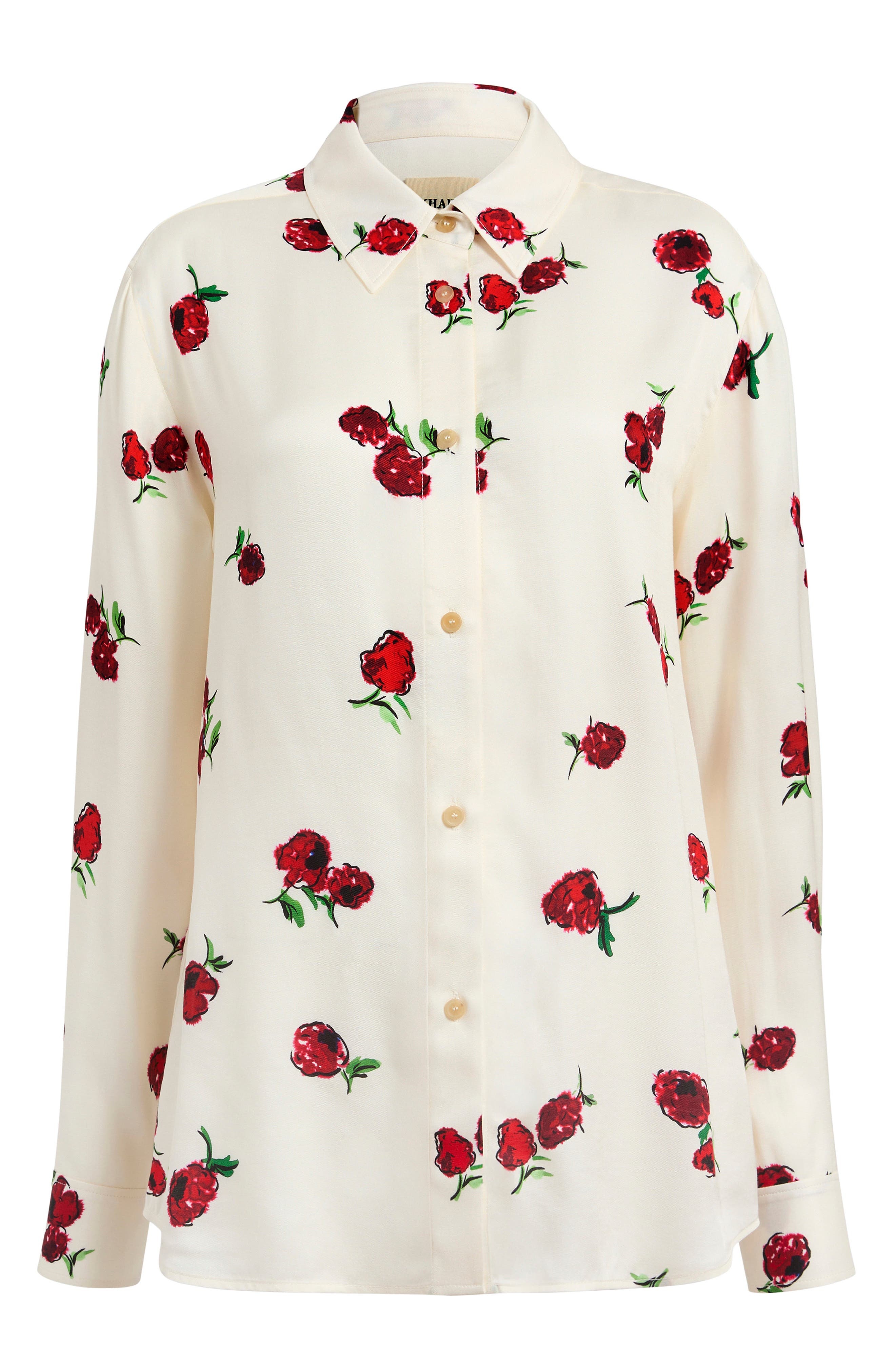 Khaite Argo Raspberry Print Twill Button-Up Shirt in Raspberry/Cream at Nordstrom - 5