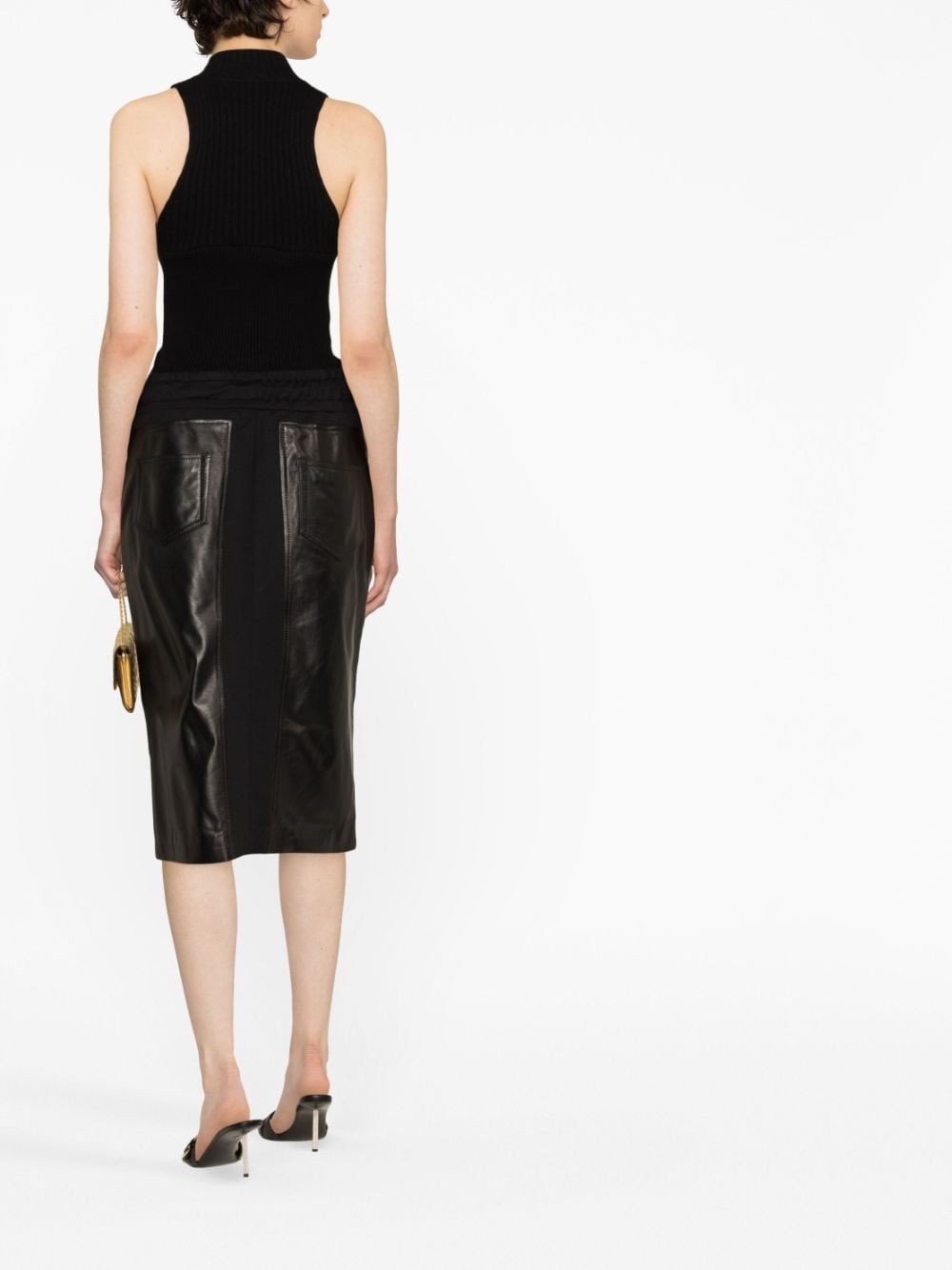 panelled leather and cotton-blend jersey midi skirt - 4