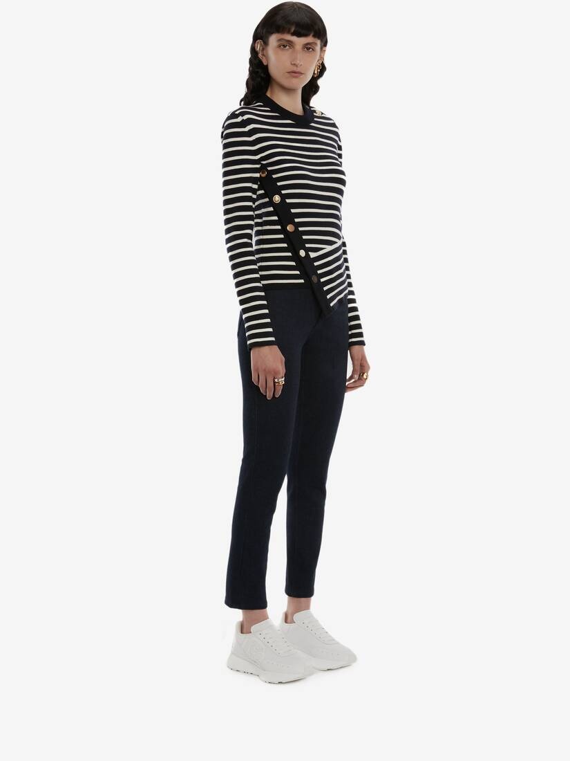 Button Stripe Knit Jumper in Navy/ivory - 3