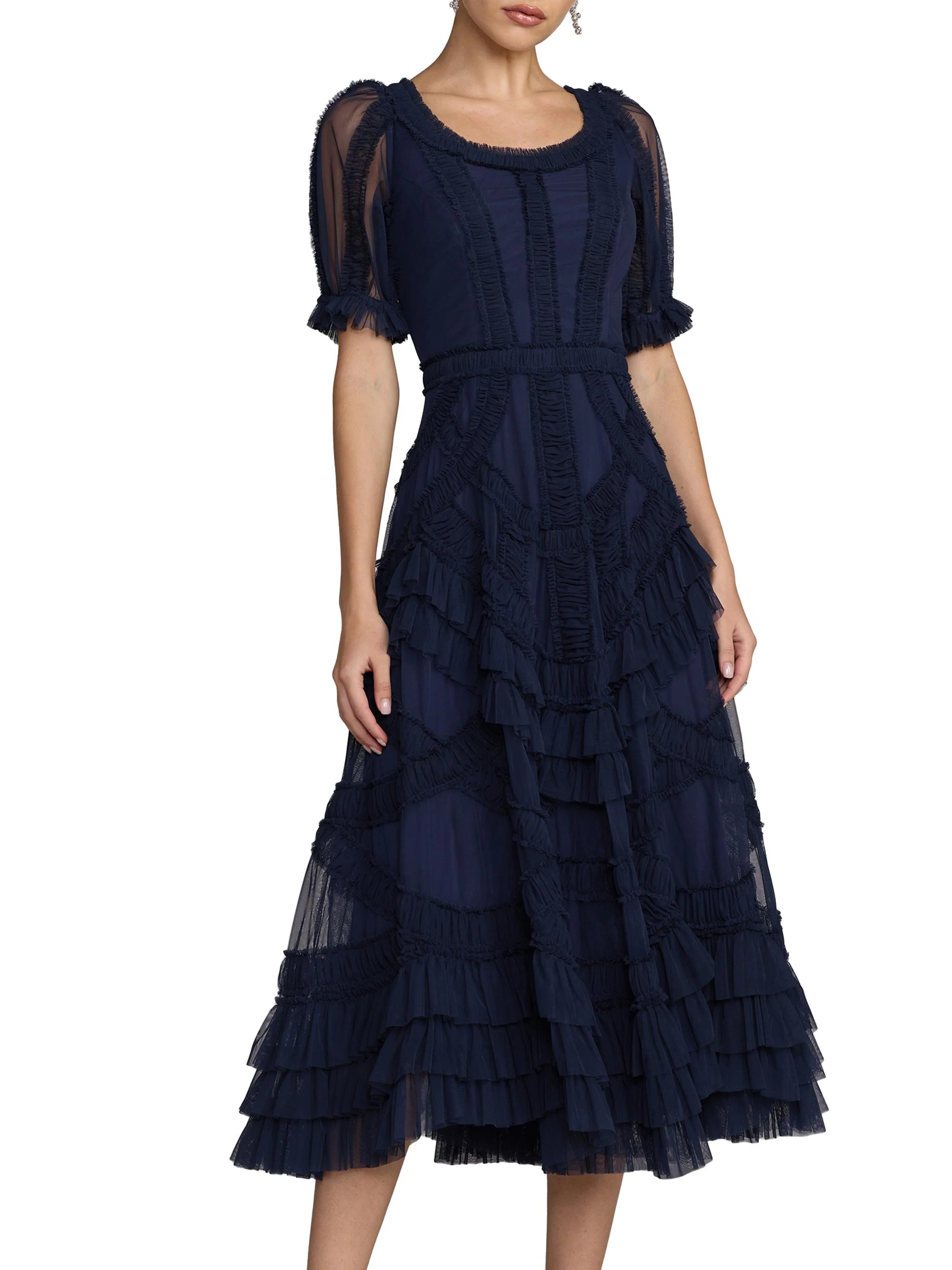 Women's Mesh Ruffled Scoopneck Midi-Dress - Indigo - 1