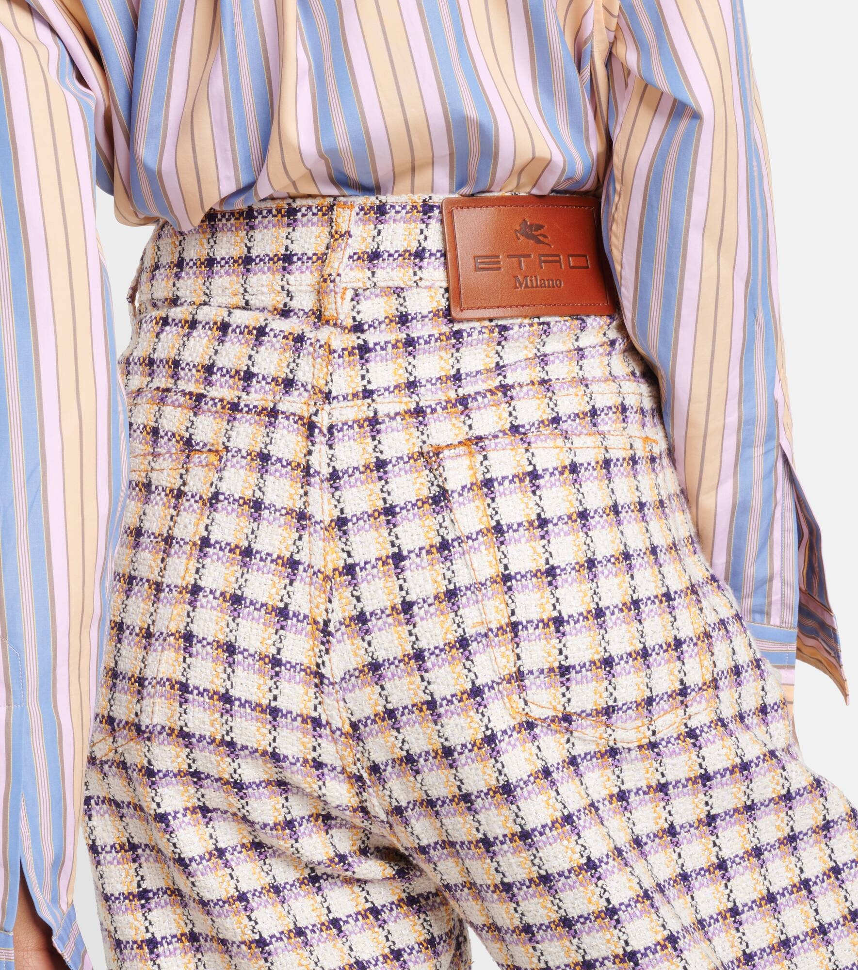 Checked cotton-blend tweed wide-leg pants - 6