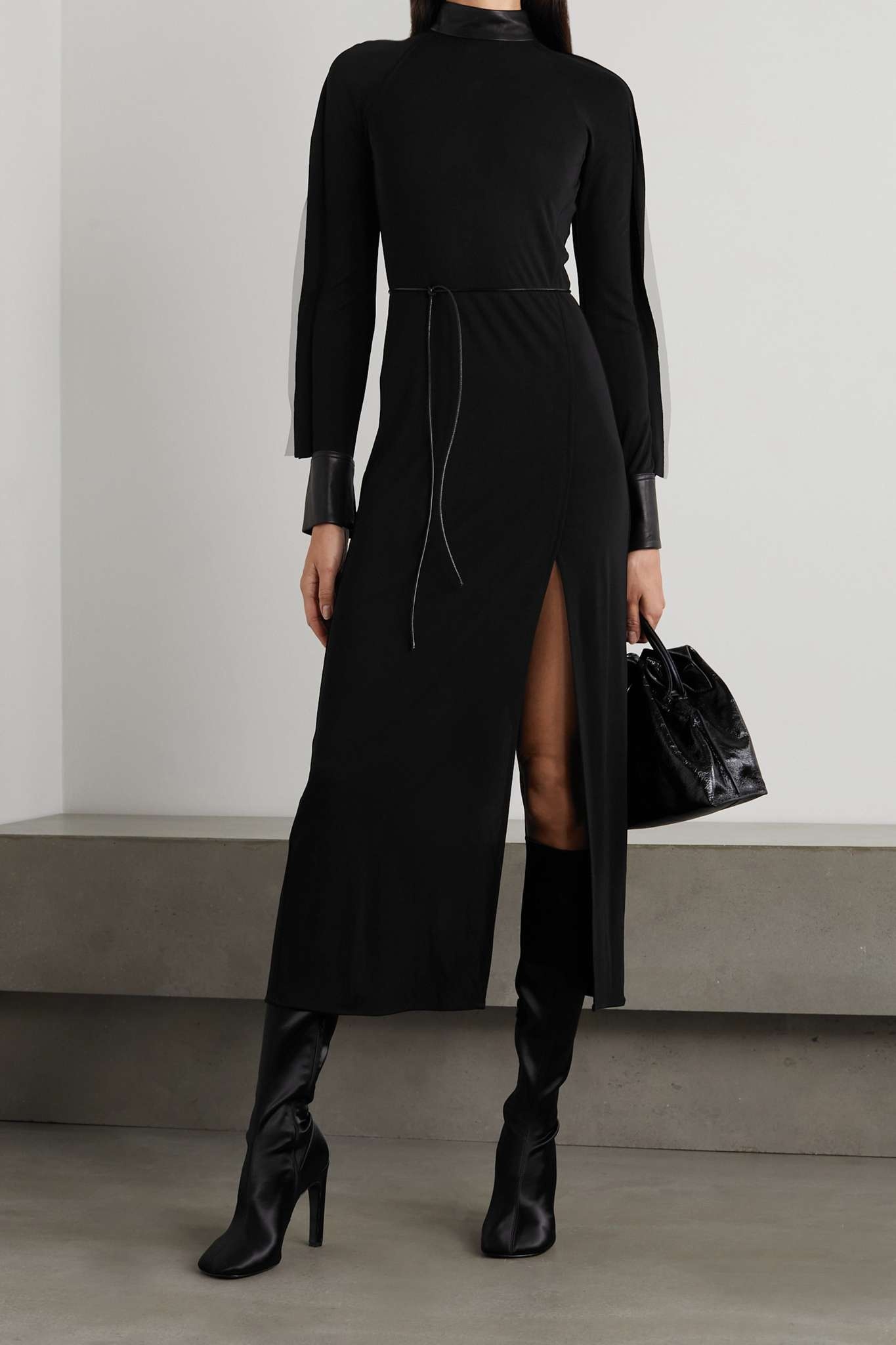 Belted faux leather-trimmed stretch-crepe turtleneck maxi dress - 2