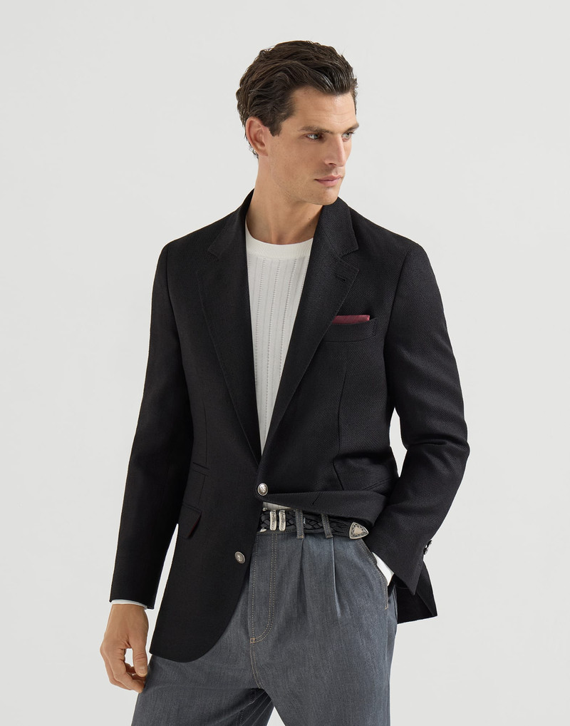 Silk, linen and wool hopsack deconstructed blazer with metal buttons 2