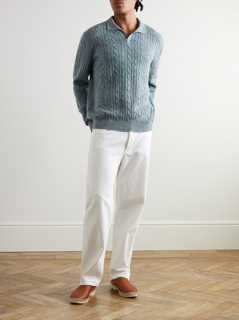 Loro Piana Cable-Knit Cashmere Polo Sweater Blue outlook