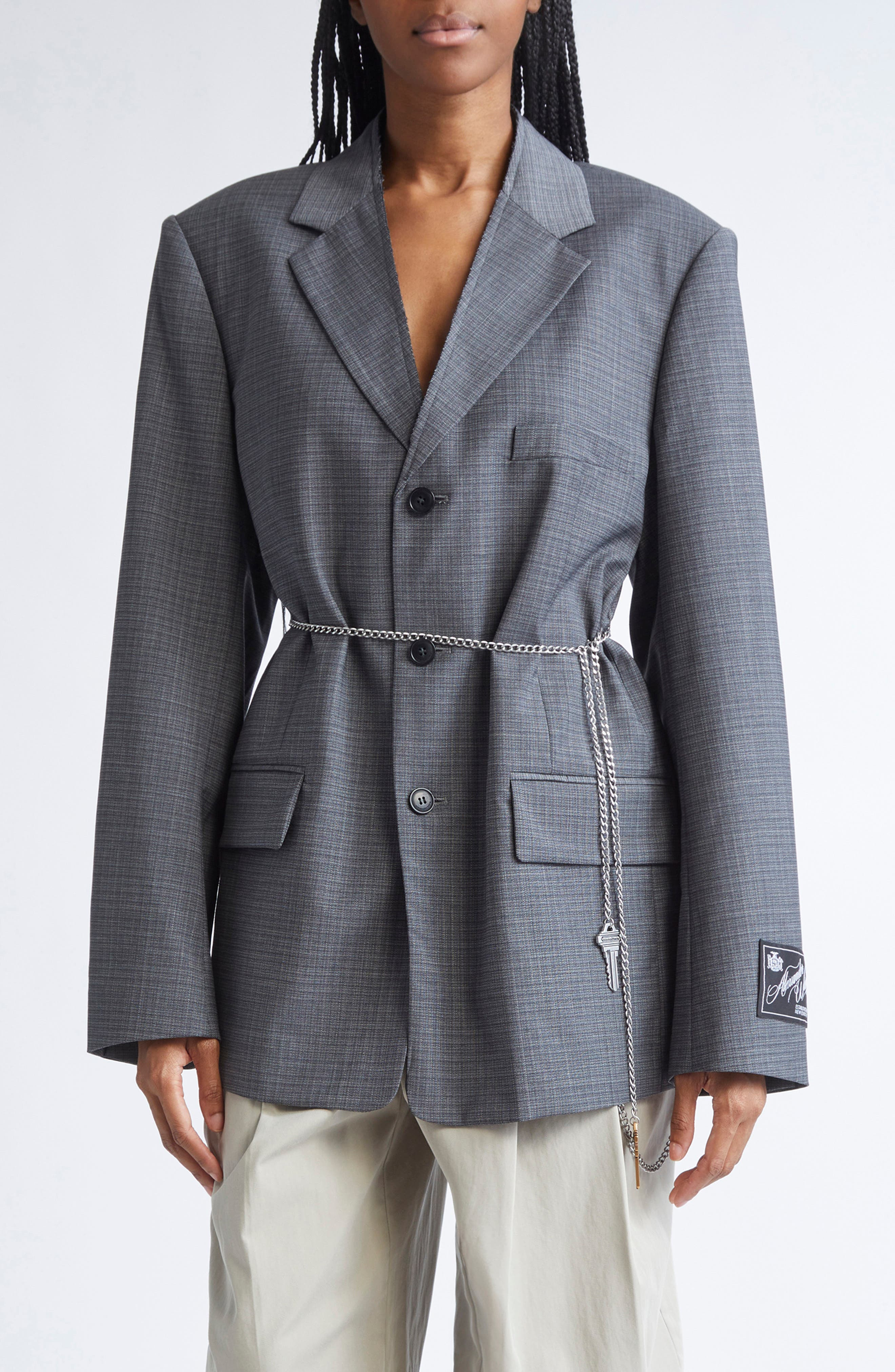 Alexander Wang Chain Embellished Melangé Raw Edge Wool Blend Blazer in Dark Grey Melange at Nordstro - 1