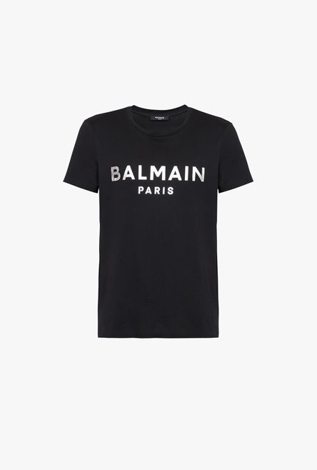 Black eco-designed cotton T-shirt with silver Balmain Paris logo print - 1