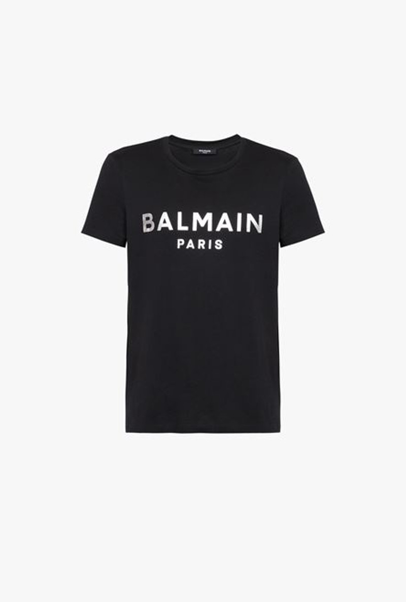 Black eco-designed cotton T-shirt with silver Balmain Paris logo print - 1