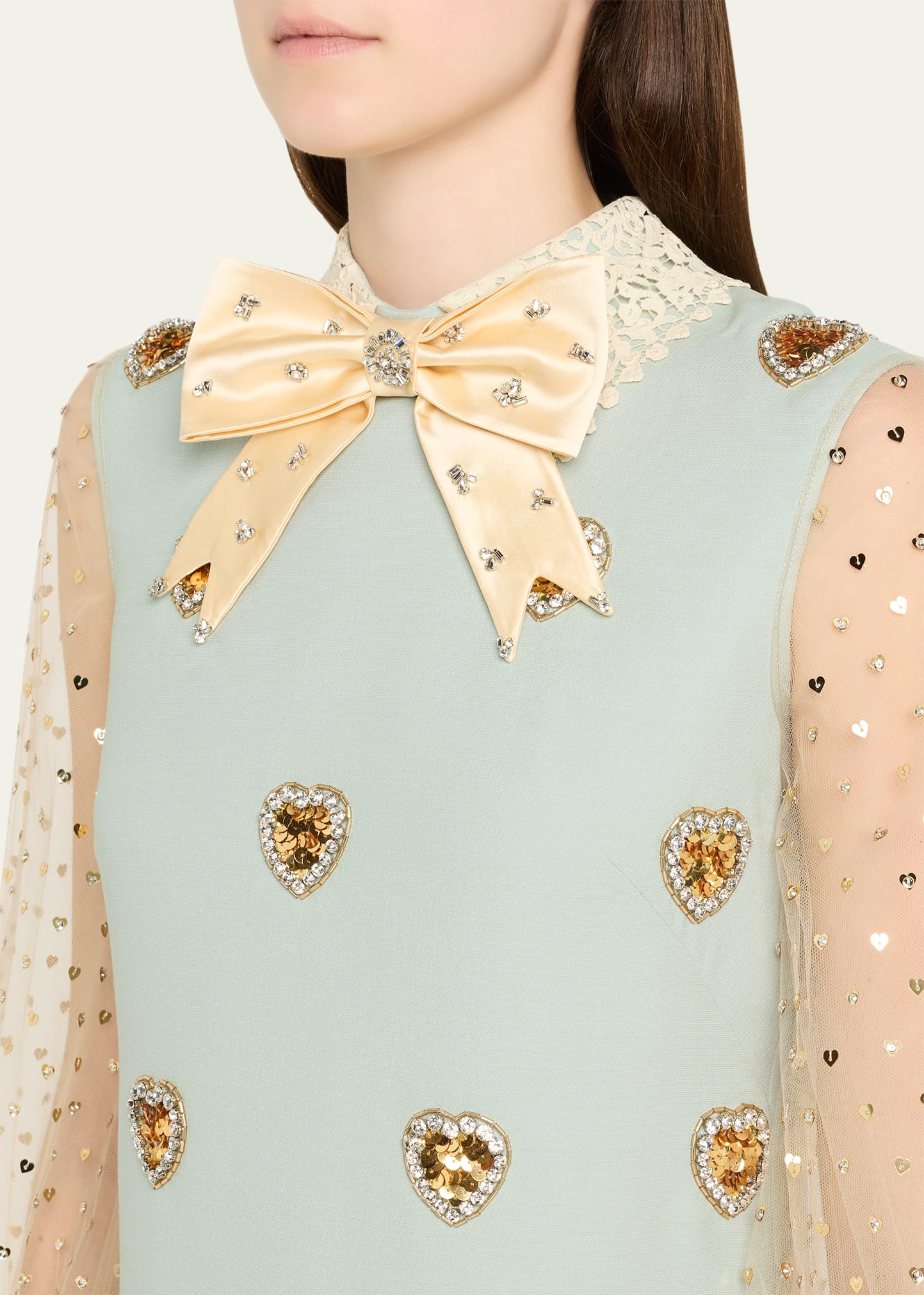 Bow Crystal Heart Sheer Sleeve Wool Mini Dress - 5