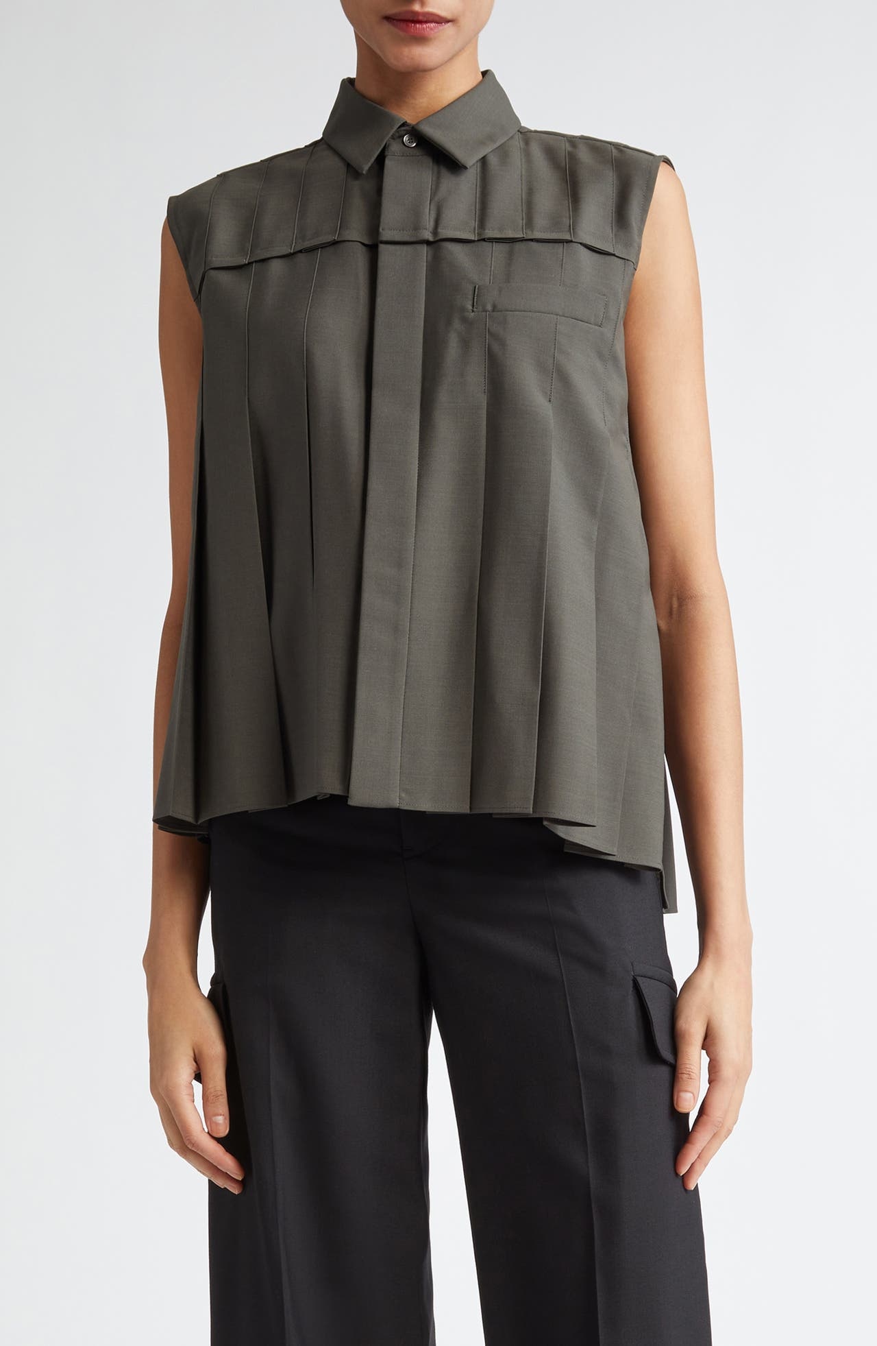 Sacai Suiting Sleeveless Pleated Button-Up Shirt in Khaki at Nordstrom - 1