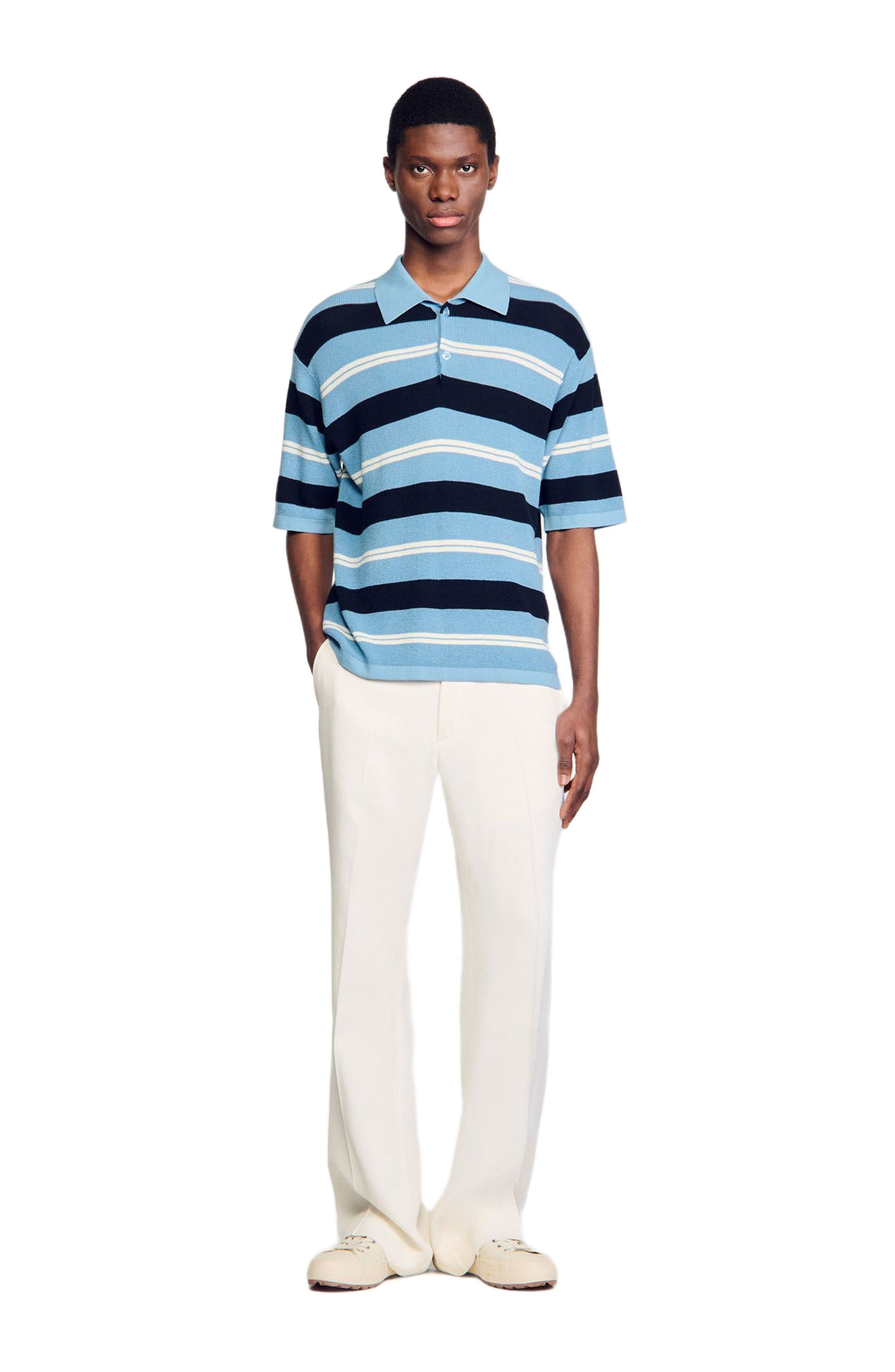 SANDRO Stripy knit polo shirt in Chambray at Nordstrom - 6