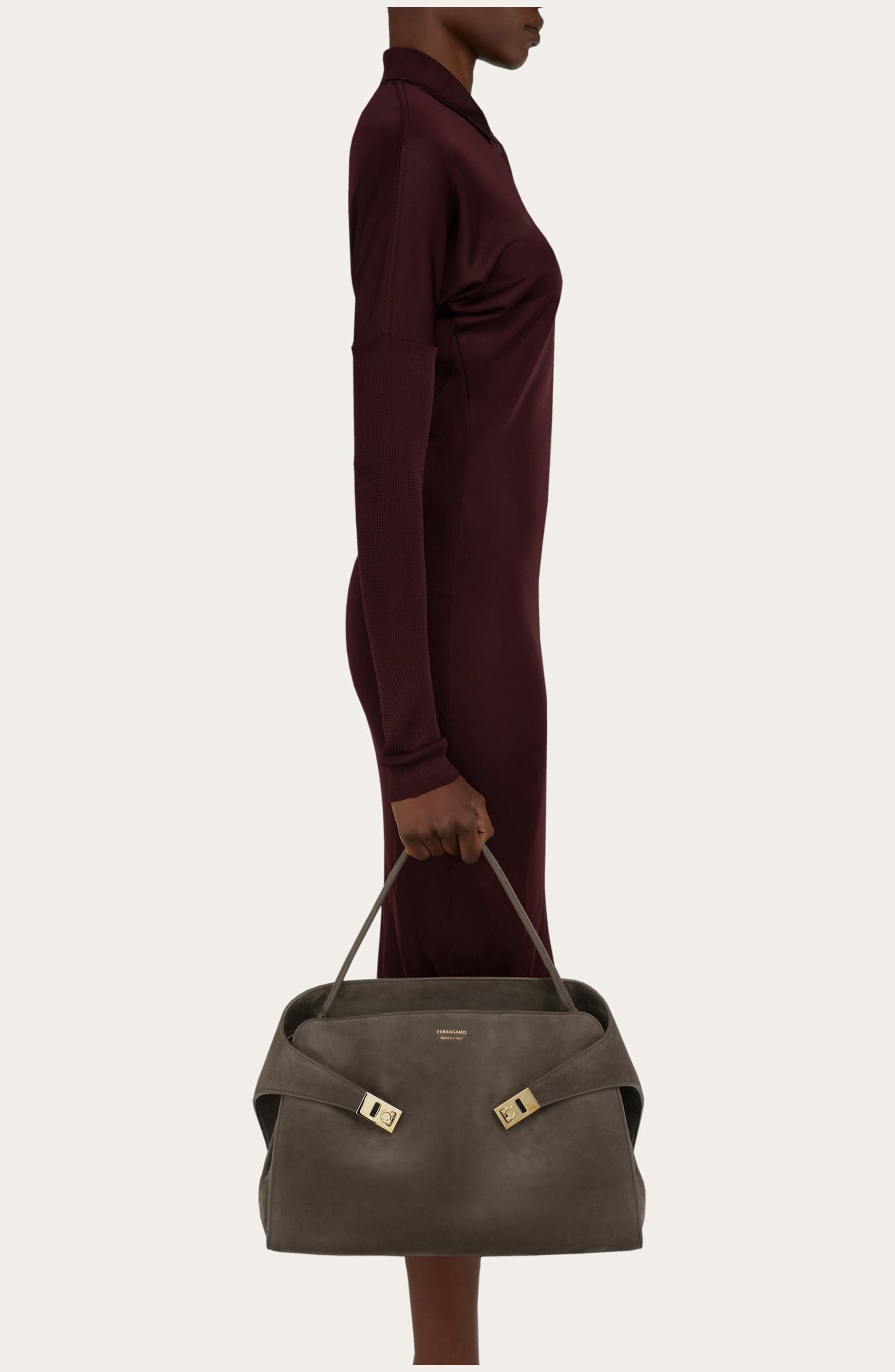 FERRAGAMO Medium Hug Suede Shoulder Bag in Concrete at Nordstrom - 2