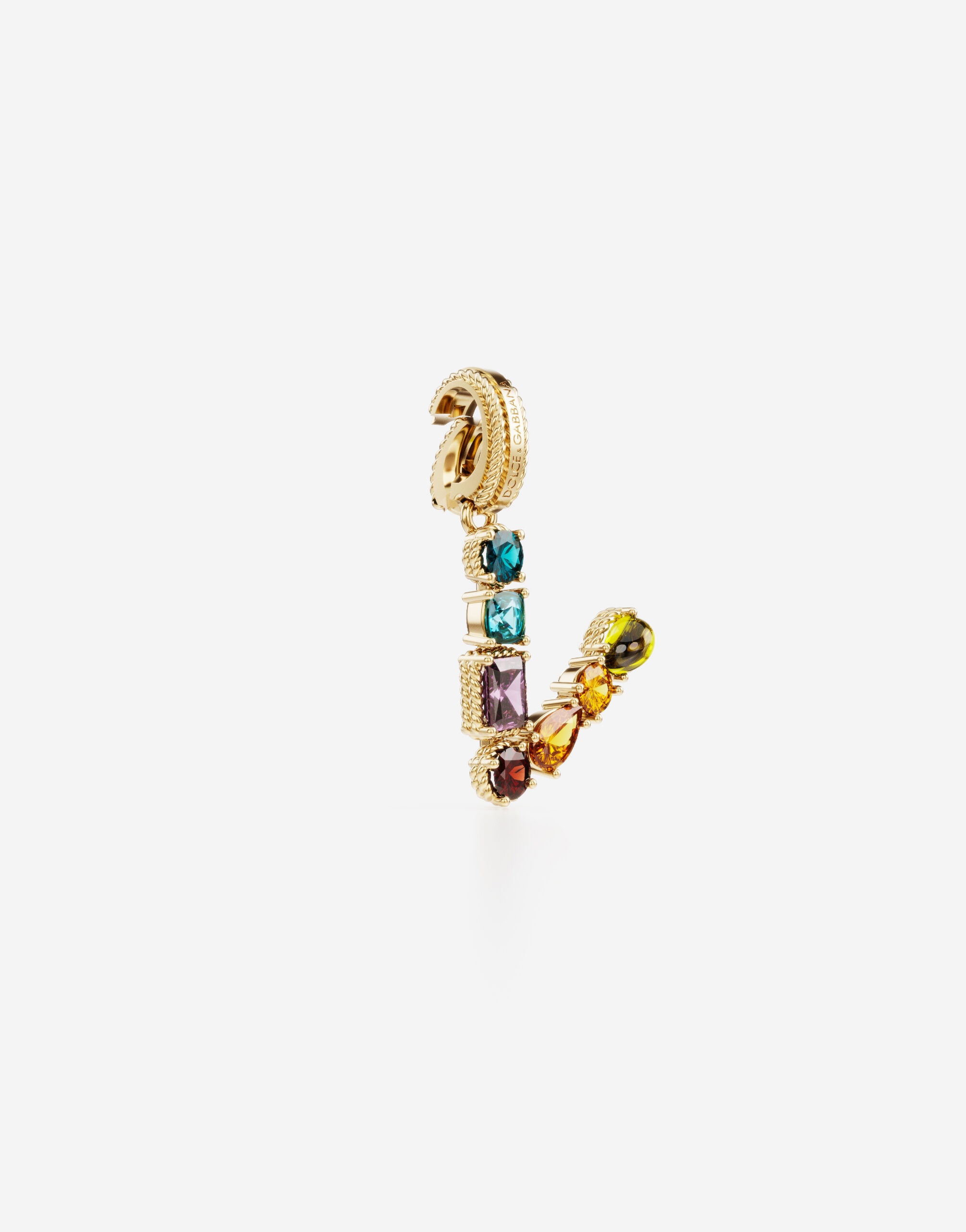 Rainbow alphabet V 18 kt yellow gold charm with multicolor fine gems - 2