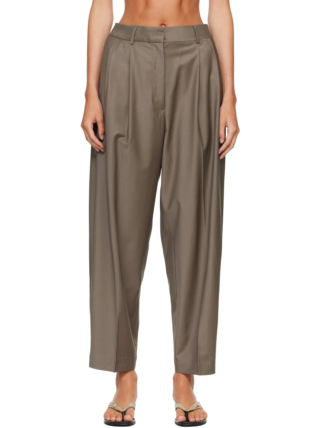 Beige Virgin Wool Masculine Barrel Trousers - 1