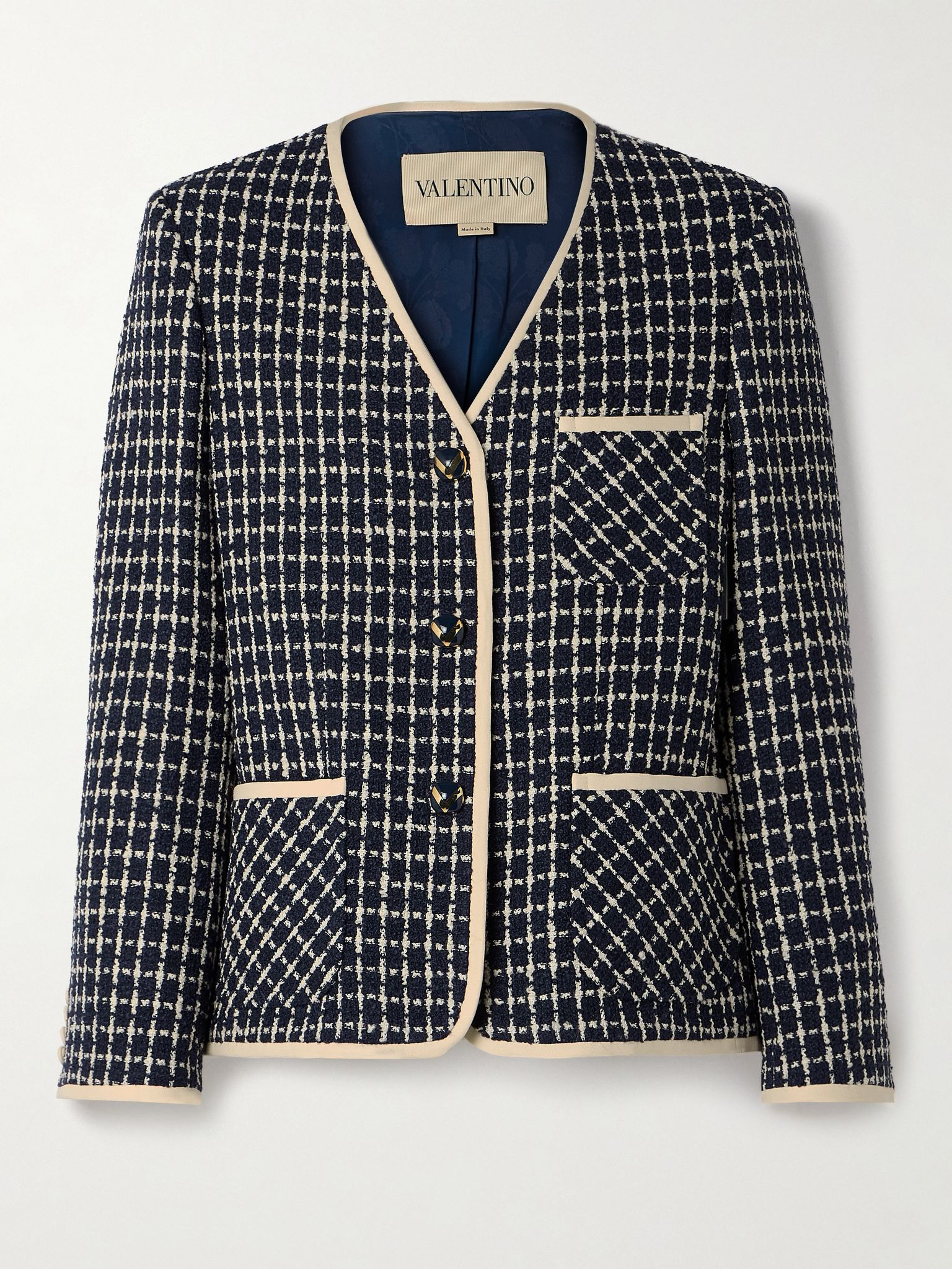 Crepe-trimmed checked wool-blend tweed jacket Navy - 1