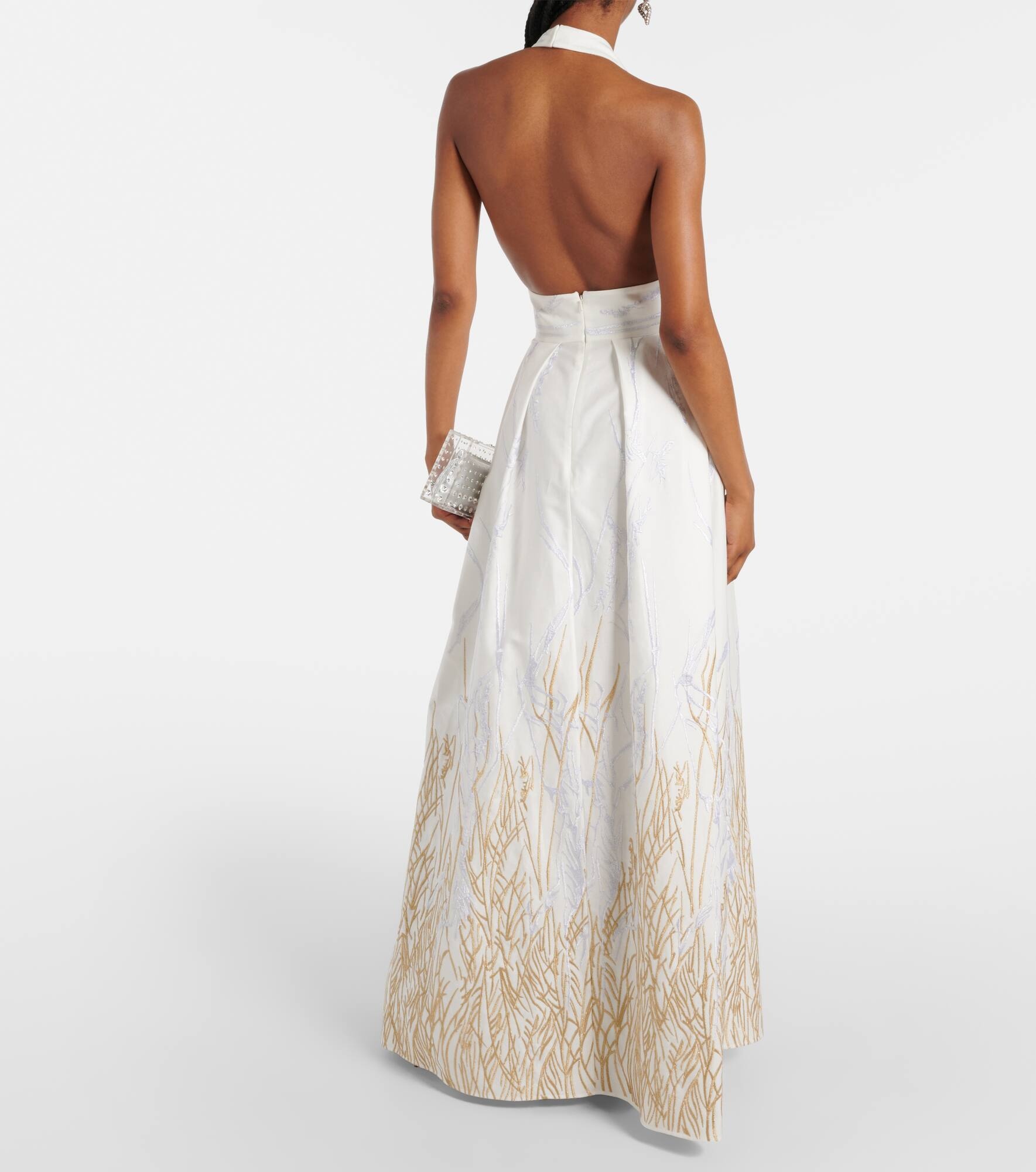 Embroidered halterneck cotton-blend gown - 3