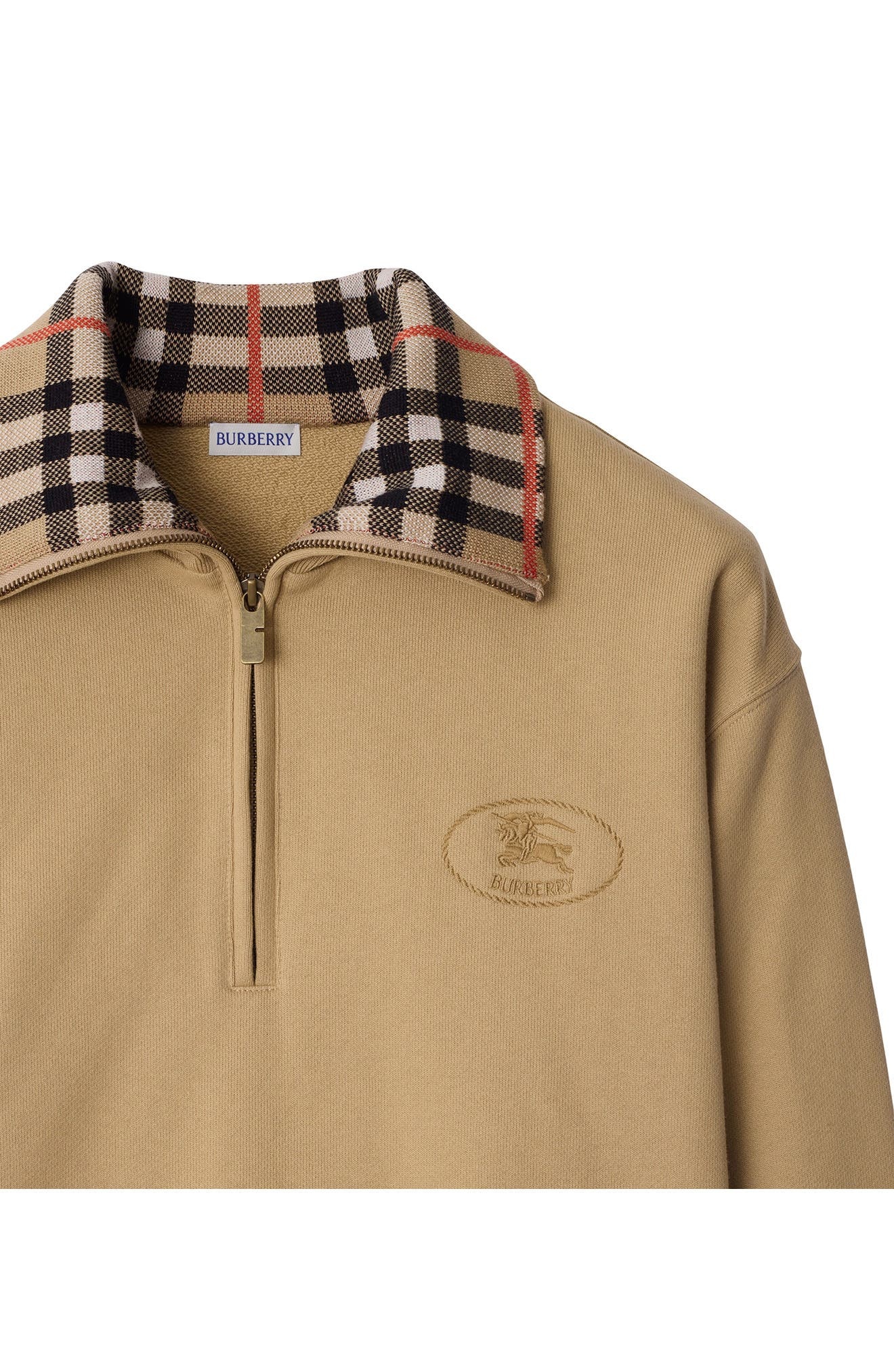 burberry EKD Stamp Check Trim French Terry Half Zip Sweatshirt in Flax at Nordstrom - 5