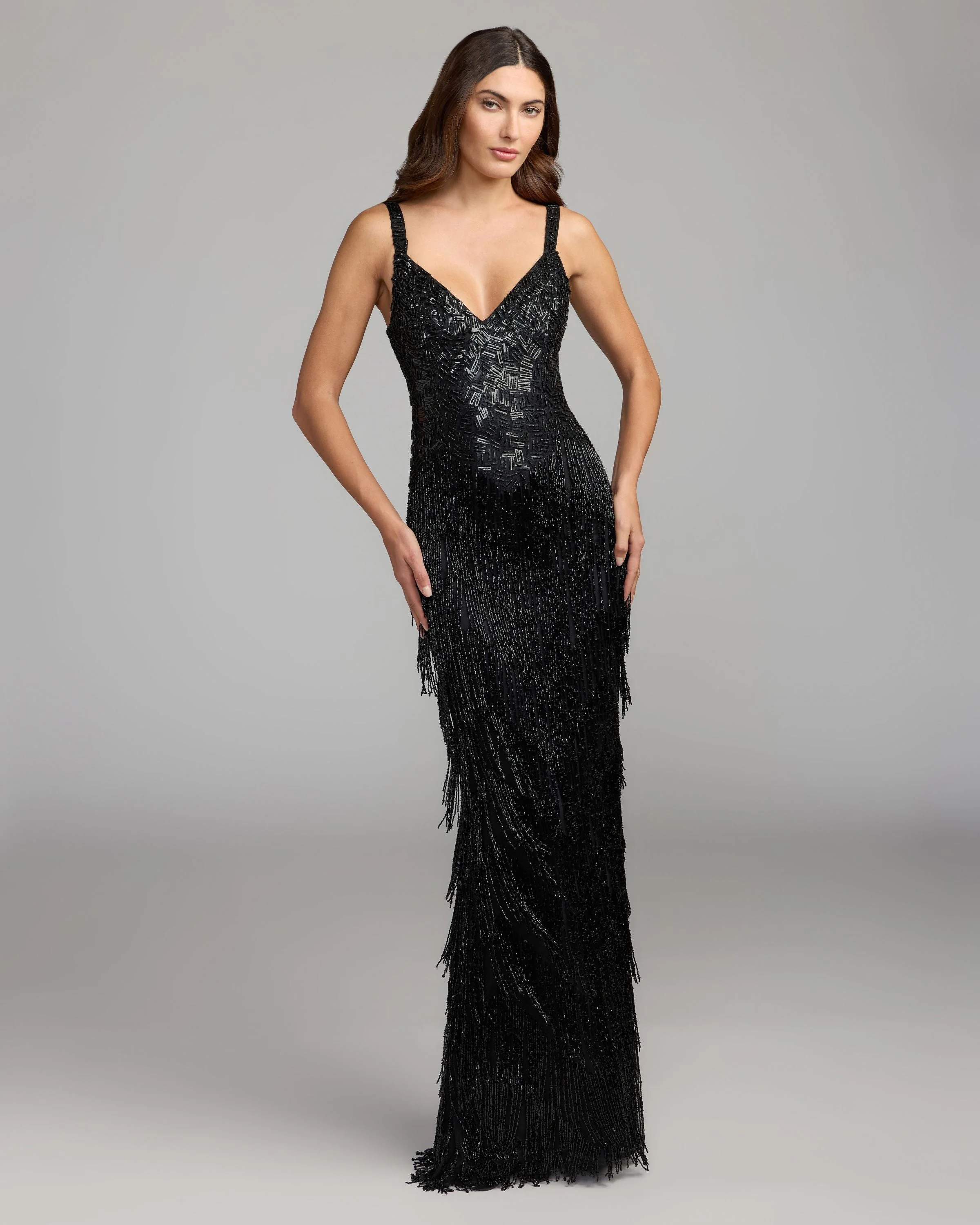 Black Beaded Fringe Sleeveless Gown - 1