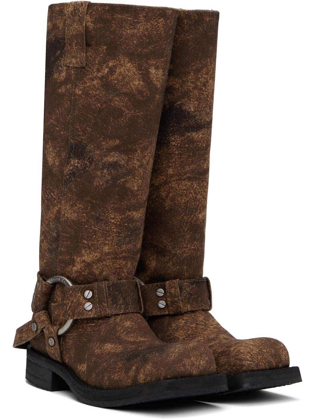 Brown Buckle Denim Tall Boots - 4