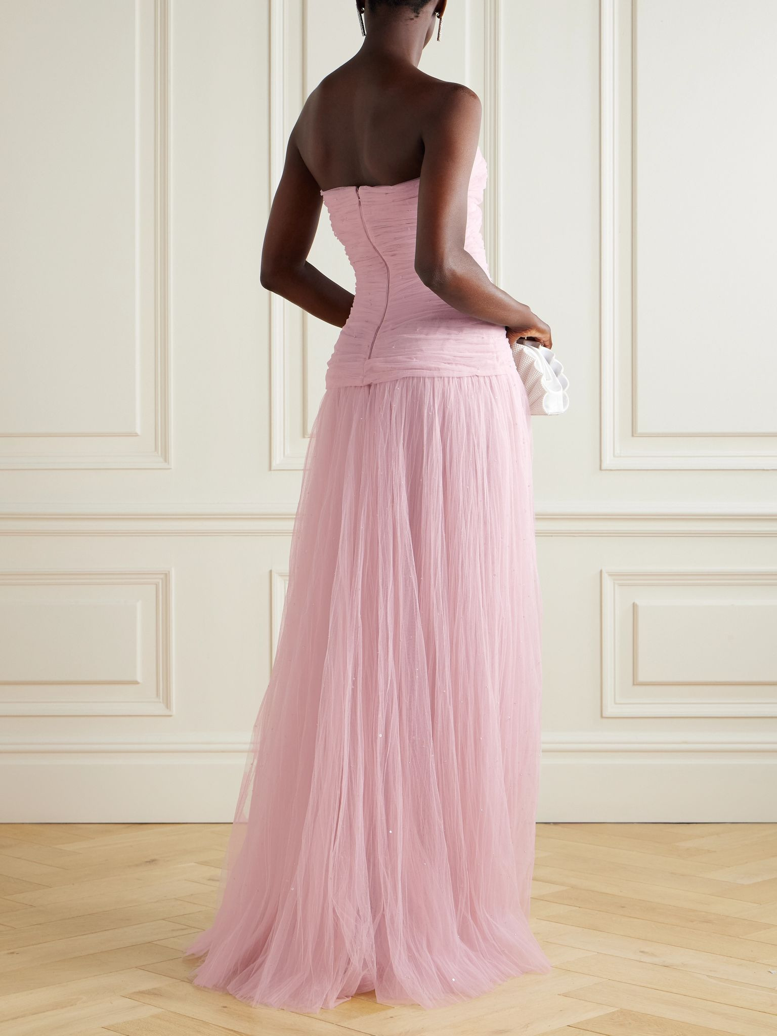 Strapless bead-embellished plissé-tulle gown Pink - 3