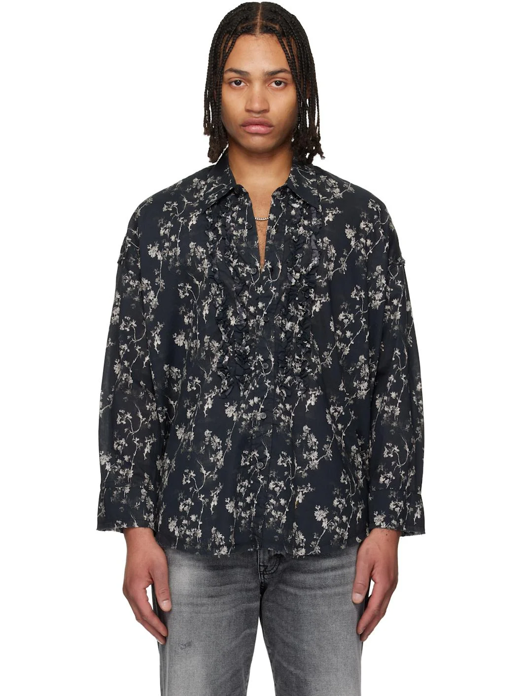 Black Shredded Seam Ruffle Shirt - 1