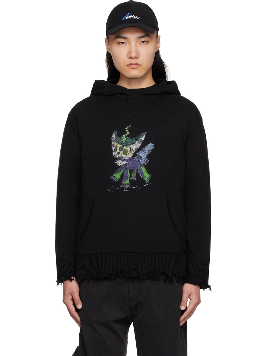 Black Grunge Monster Pony Knit Hoodie - 1