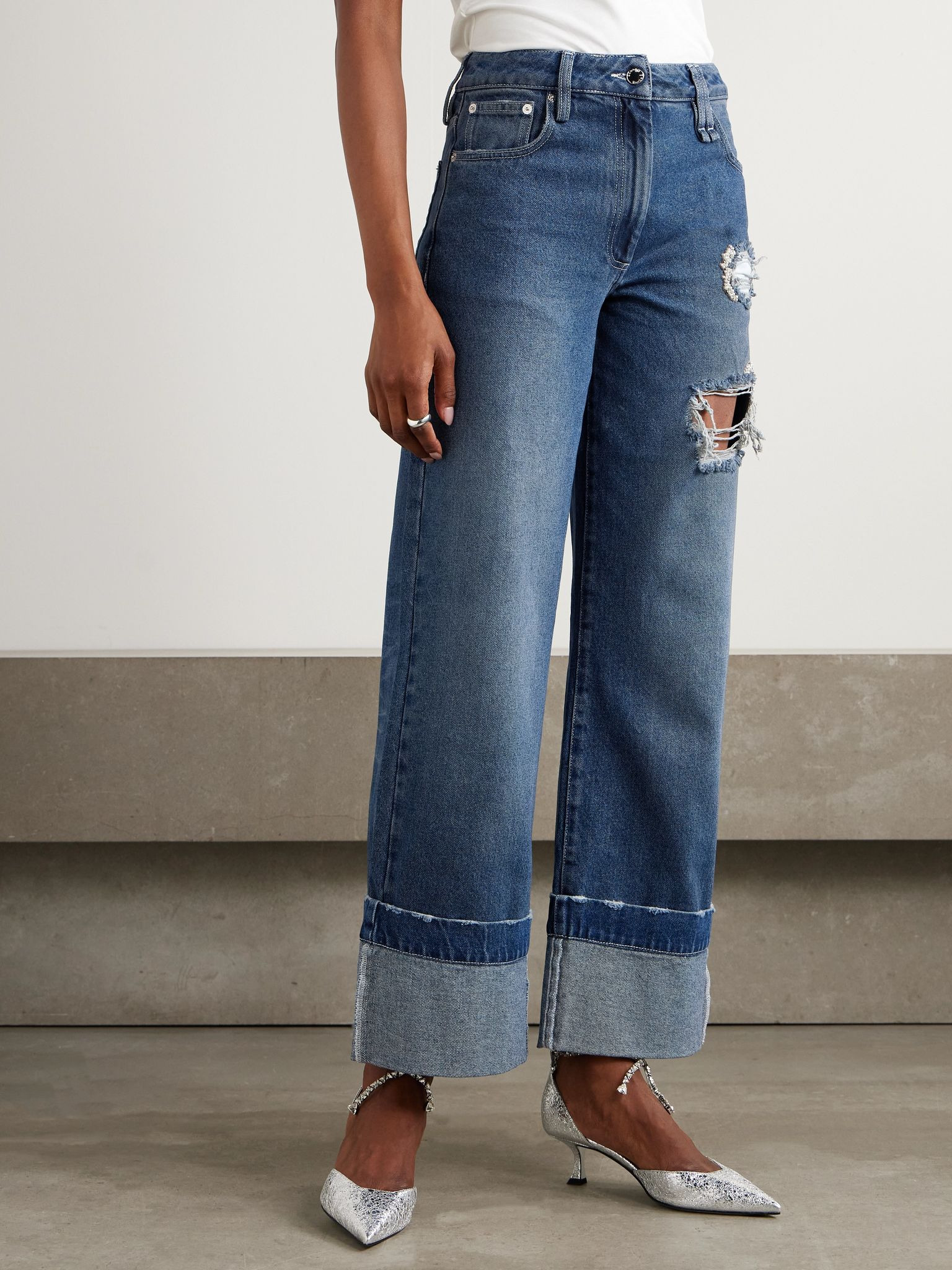 Embellished distressed wide-leg jeans Mid denim - 3