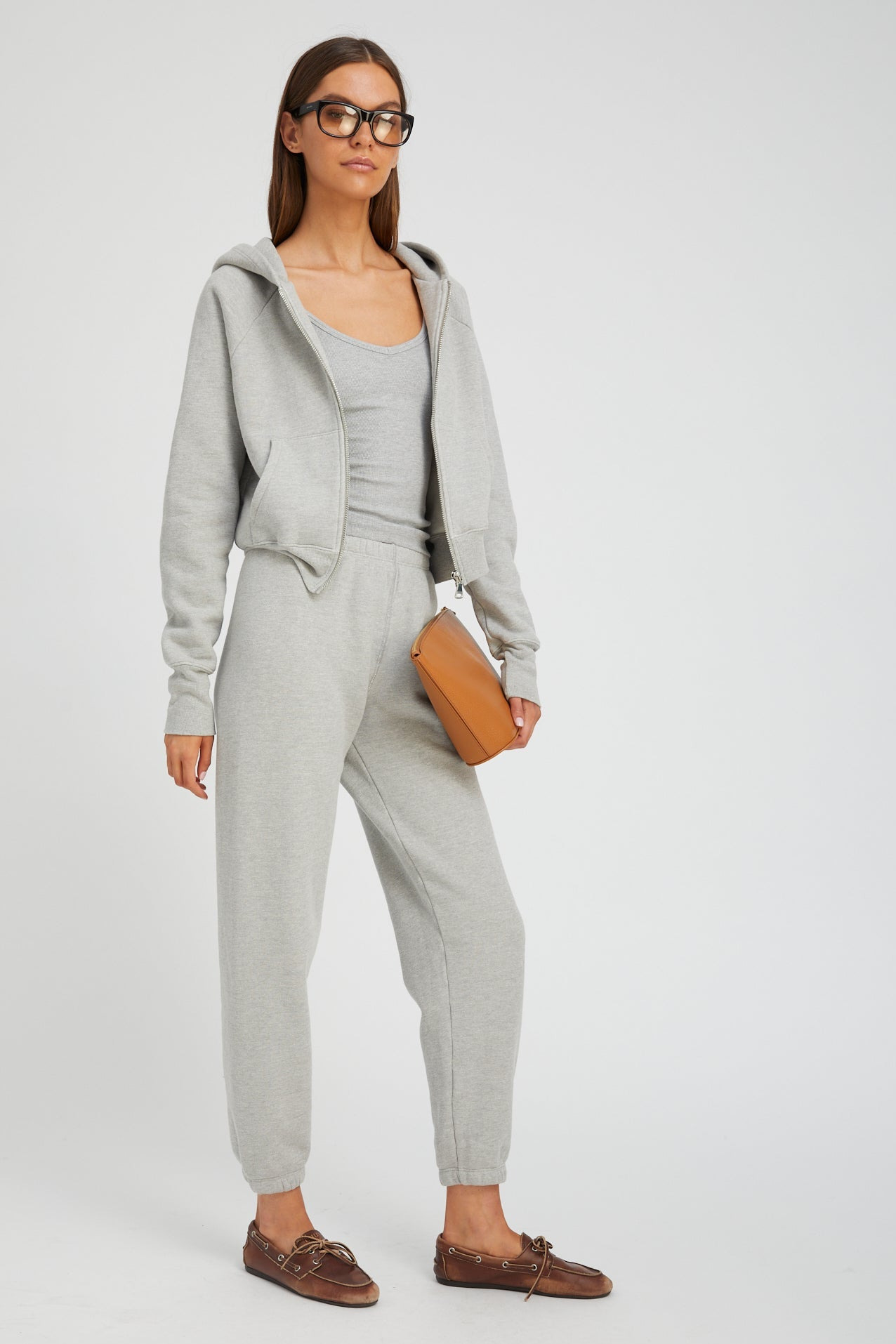 HEATHER GREY COTTON SHRUNKEN ZIP UP HOODIE - 3