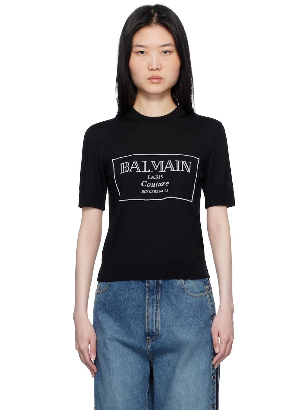 Black 'Balmain Couture' Two-Tone Knit T-shirt - 1