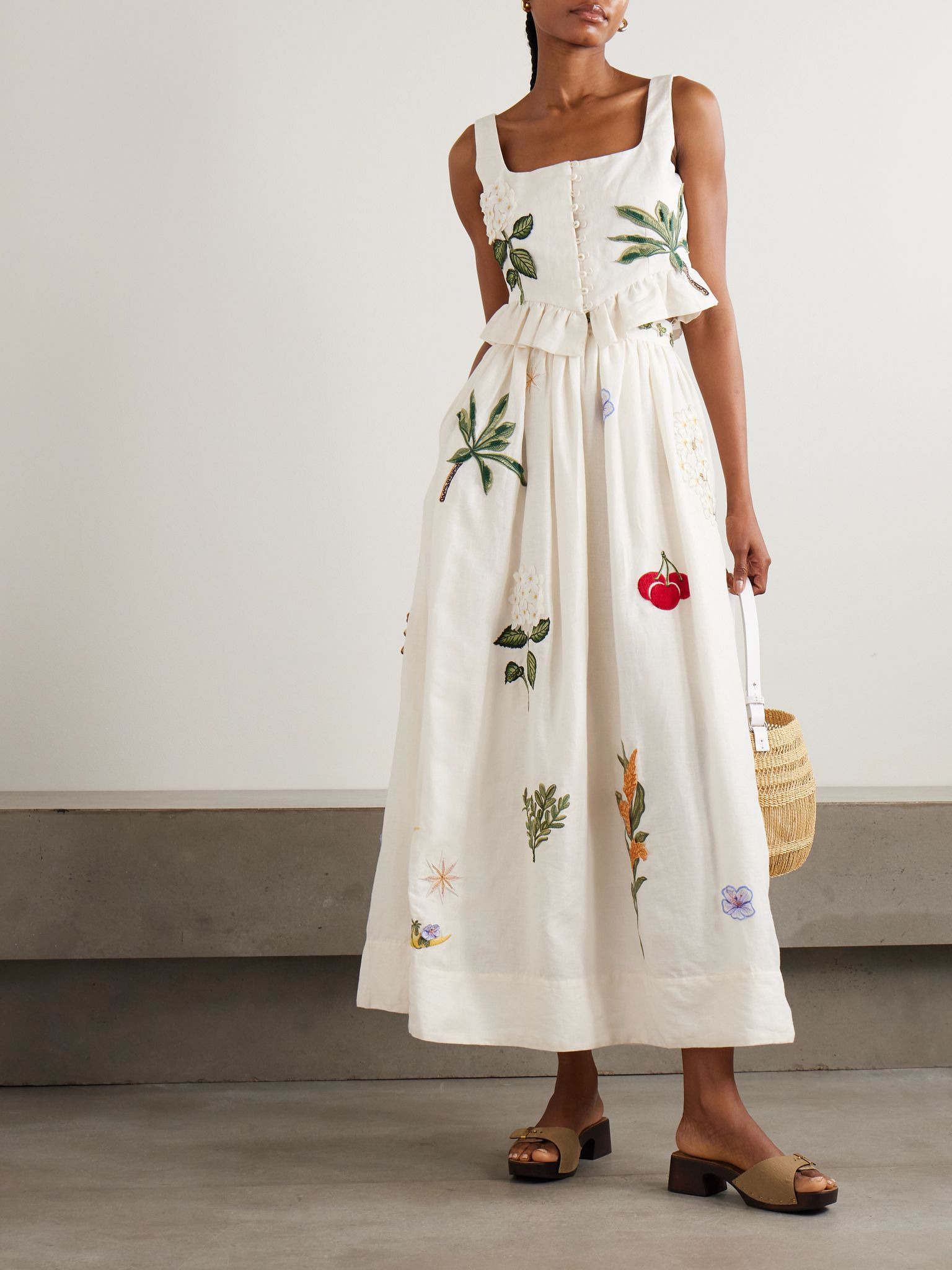Tangelo appliquéd embroidered linen maxi skirt Cream - 2