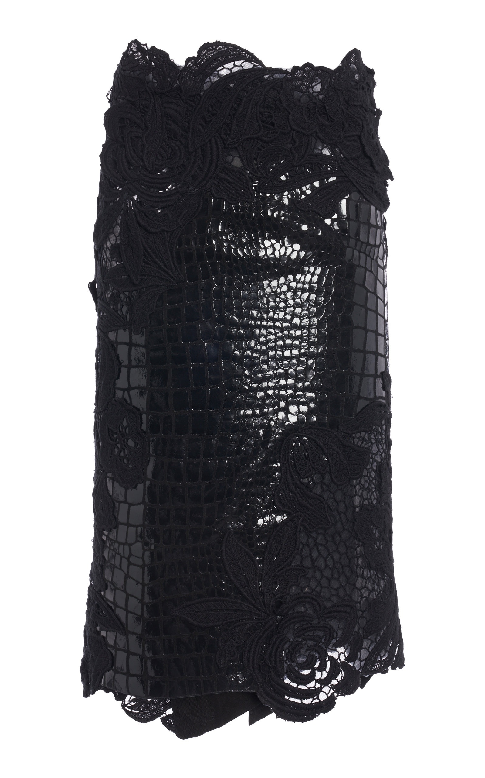 Guipure Lace and Croc-Effect Midi Skirt black - 1