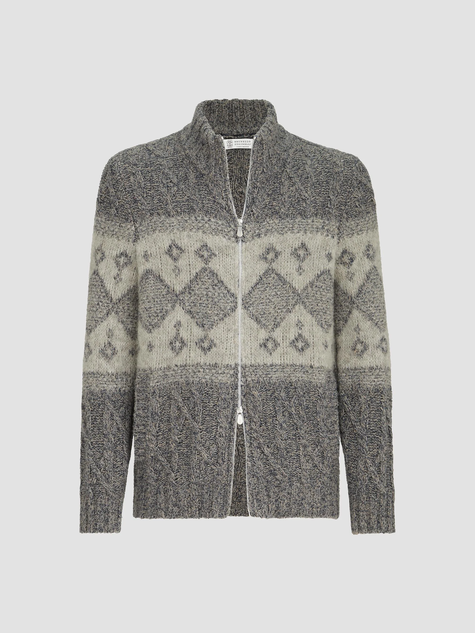 Men's Virgin Wool, Silk and Cashmere Chiné Cable Knit Cardigan - Cerulean - 1