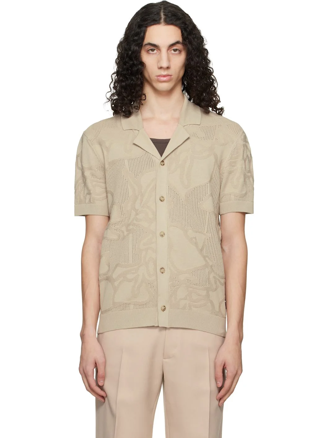 Beige Knit Cotton Jacquard Shirt - 1
