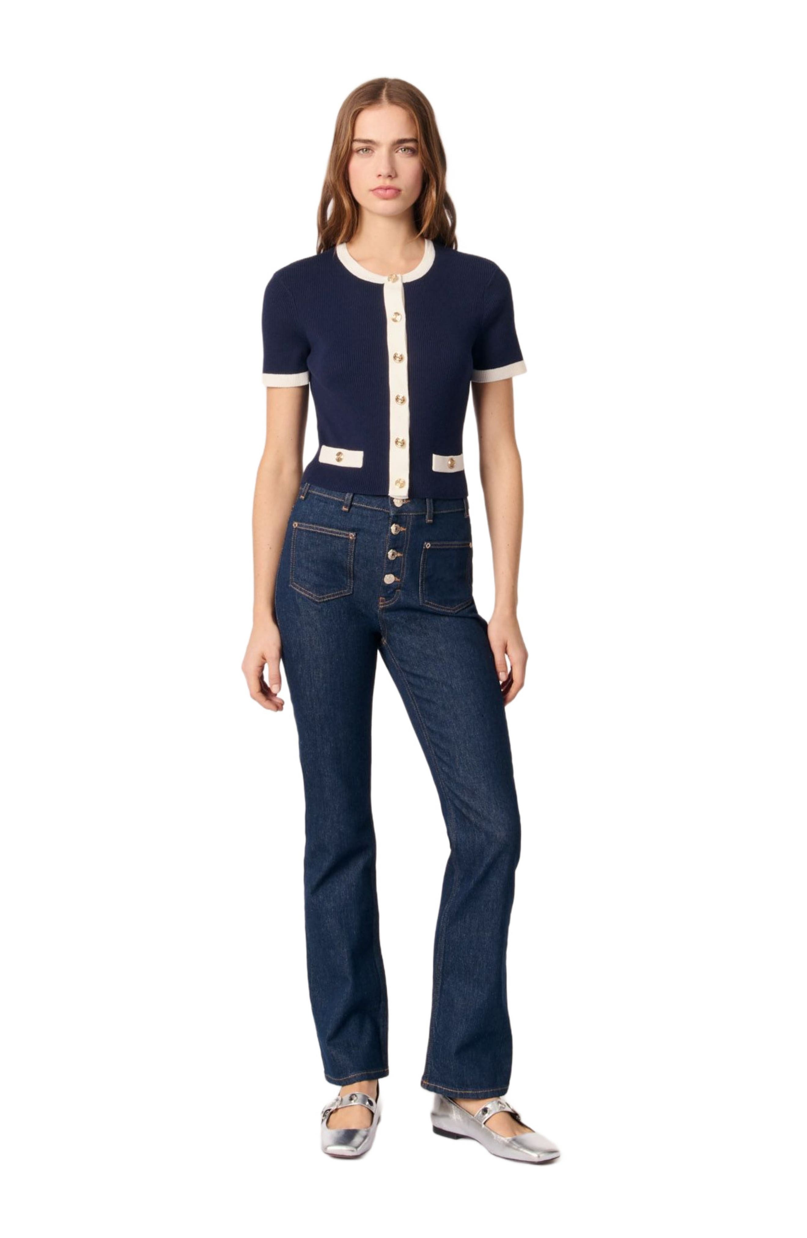 maje Cropped short sleeve cardigan in Navy /Ecru at Nordstrom - 3