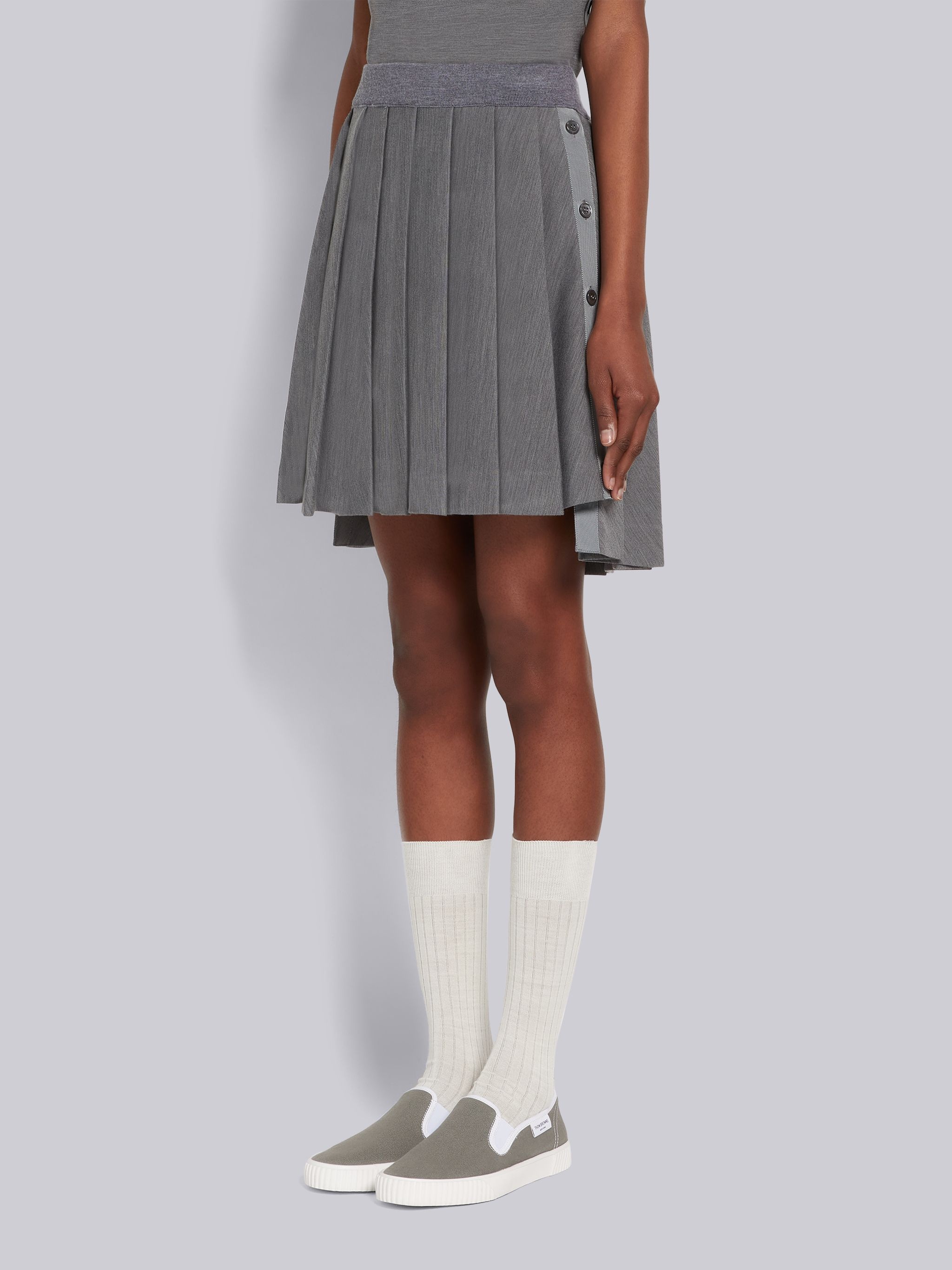 Medium Grey Wool Tech Milano Buttoned Side Vent Dropped Back Pleated Miniskirt - 2