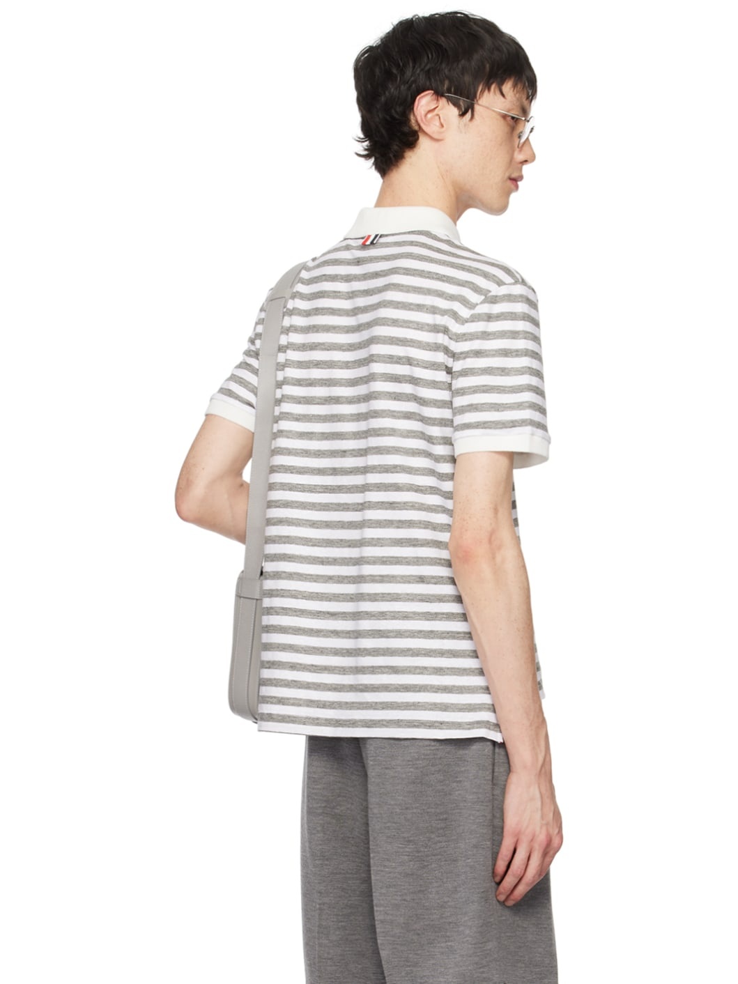 White & Gray Striped Short Sleeve Polo - 3