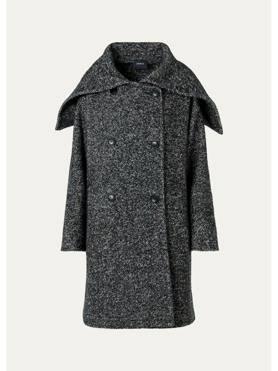 Lamb Shearling Collar Double-Breasted Wool Herringbone Coat - 1