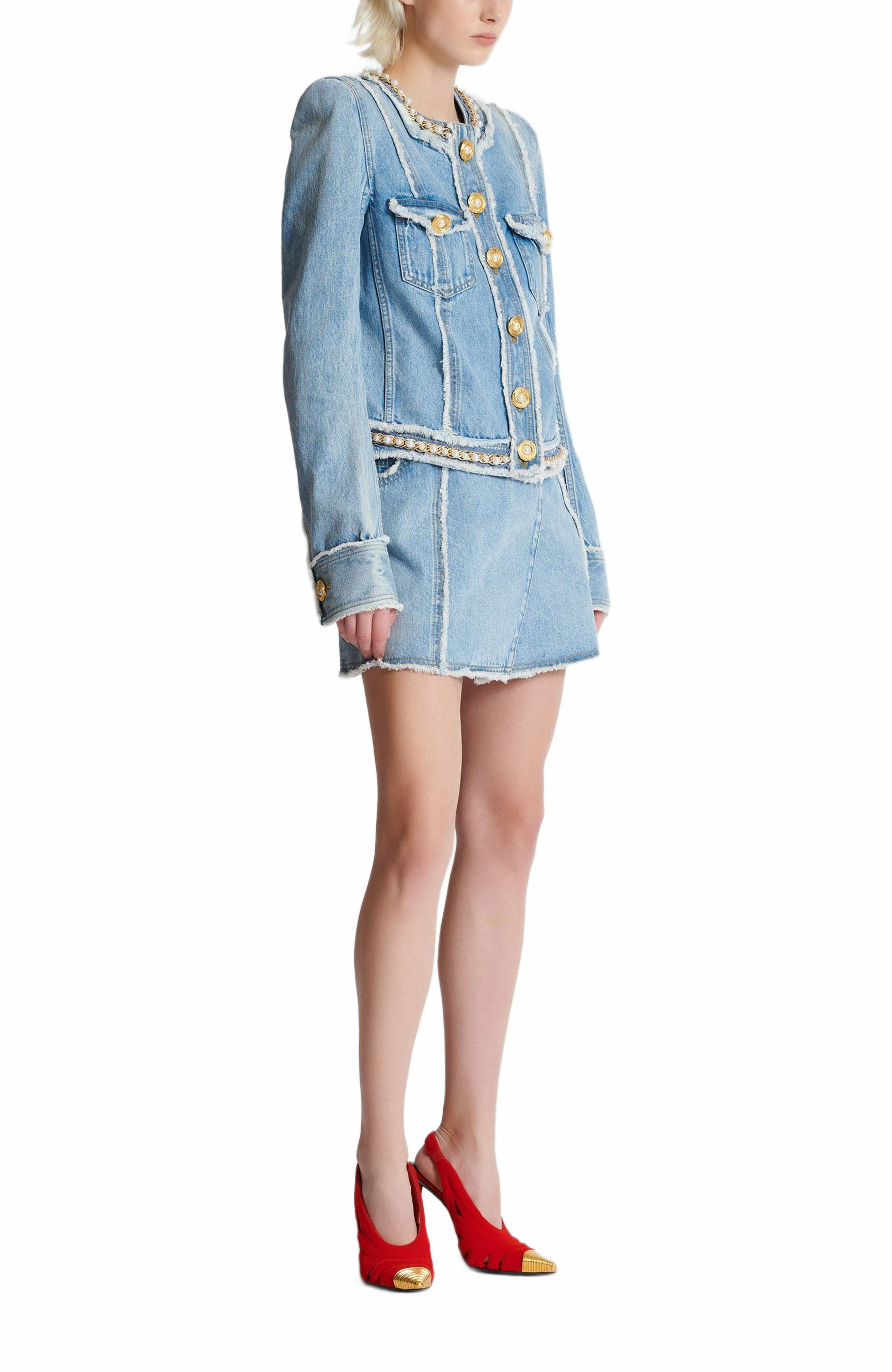 Balmain Denim jacket with pearl trim in Blue at Nordstrom - 3