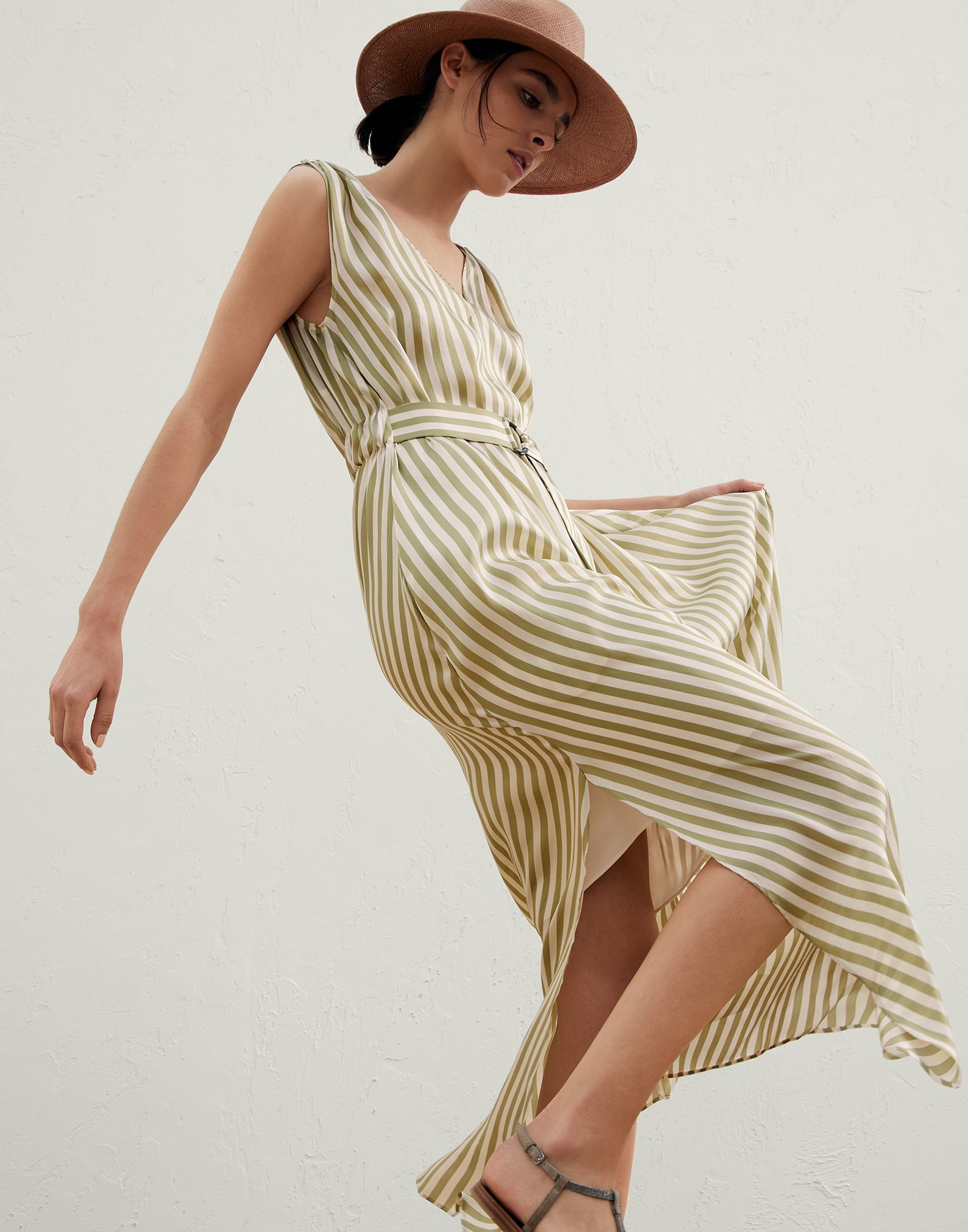 Viscose and silk striped twill belted dress with precious shoulder detail - 4