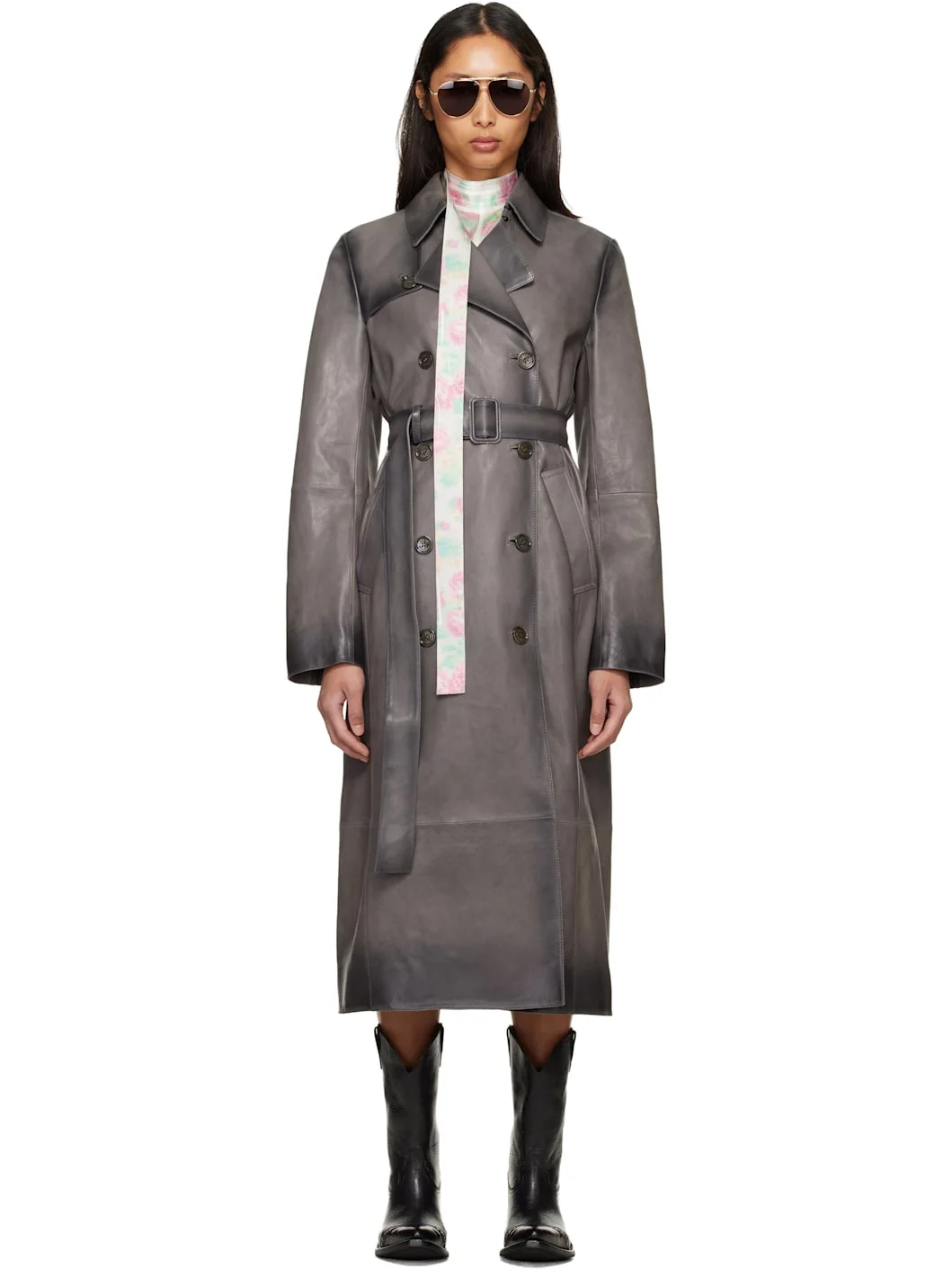 Gray Ombré Leather Trench Coat - 1