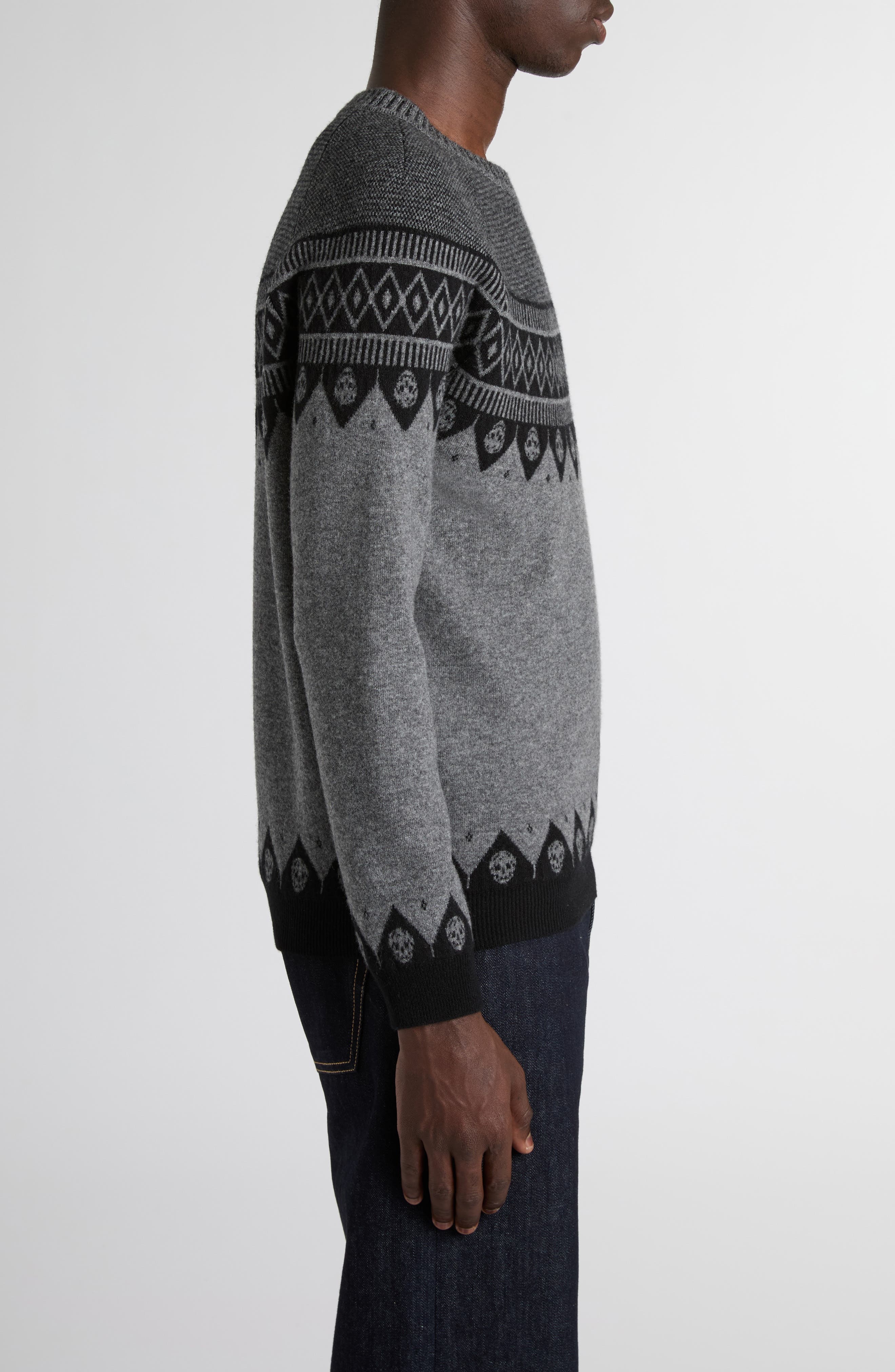 McQueen Skull Fair Isle Wool Crewneck Sweater in Greymel/Black at Nordstrom - 4