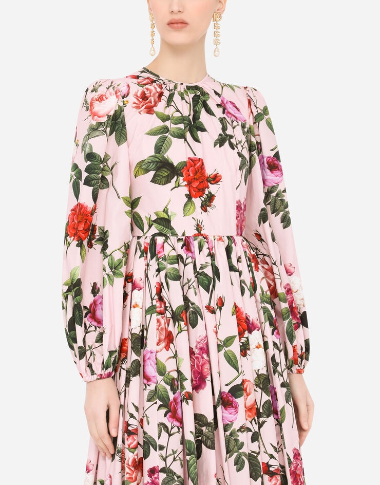 Rose-print poplin calf-length dress - 4