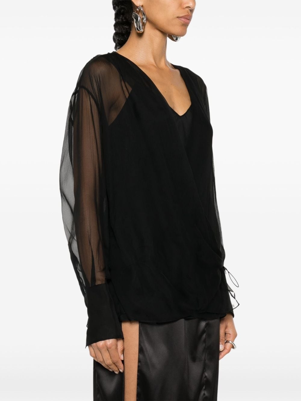 long-sleeve silk wrap blouse - 3